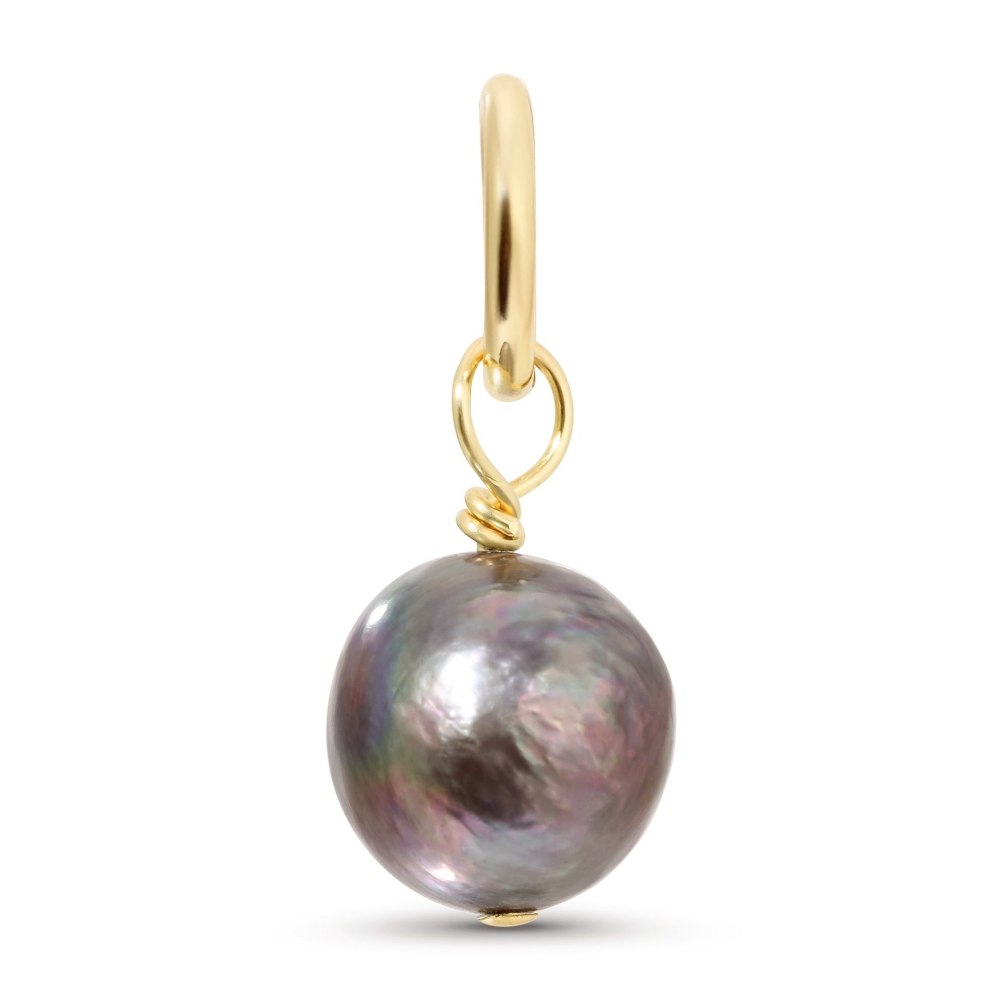 Gold hoop earring featuring a Gray Iridescent Peacock Baroque Freshwater Pearl pendant