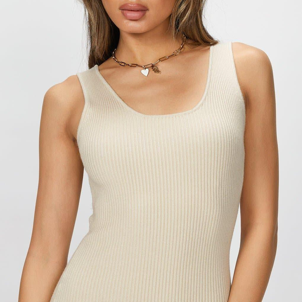 Ribbed knit tank dress with Large Elongated Link Chain made from recycled brass paper