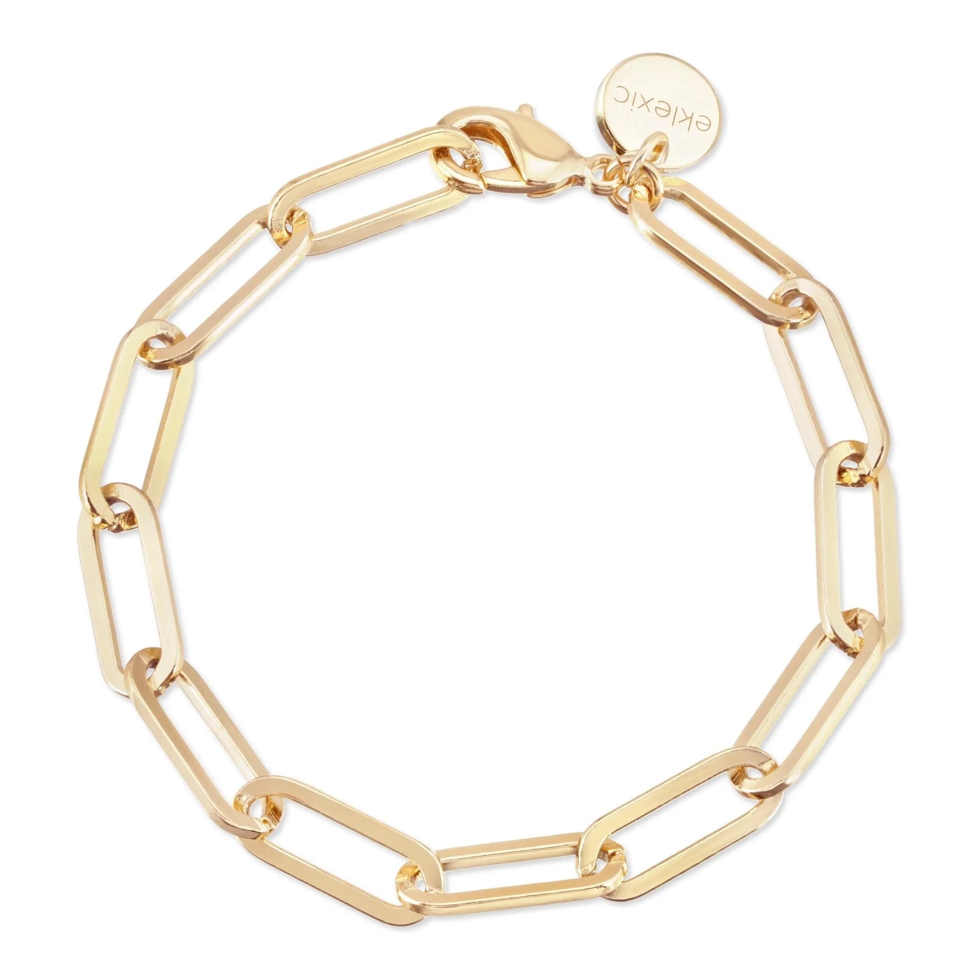 Gold-toned rectangular link bracelet with 14k gold links measure and protective coating