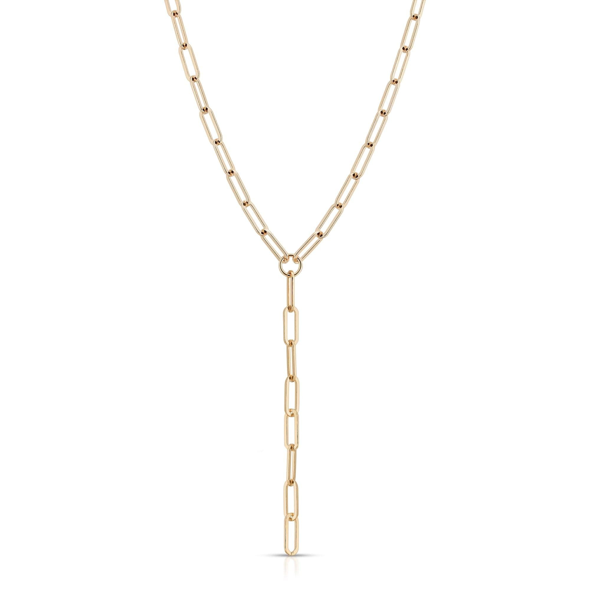 Gold-toned elongated link lariat necklace in recycled brass plated, wide x 17mm