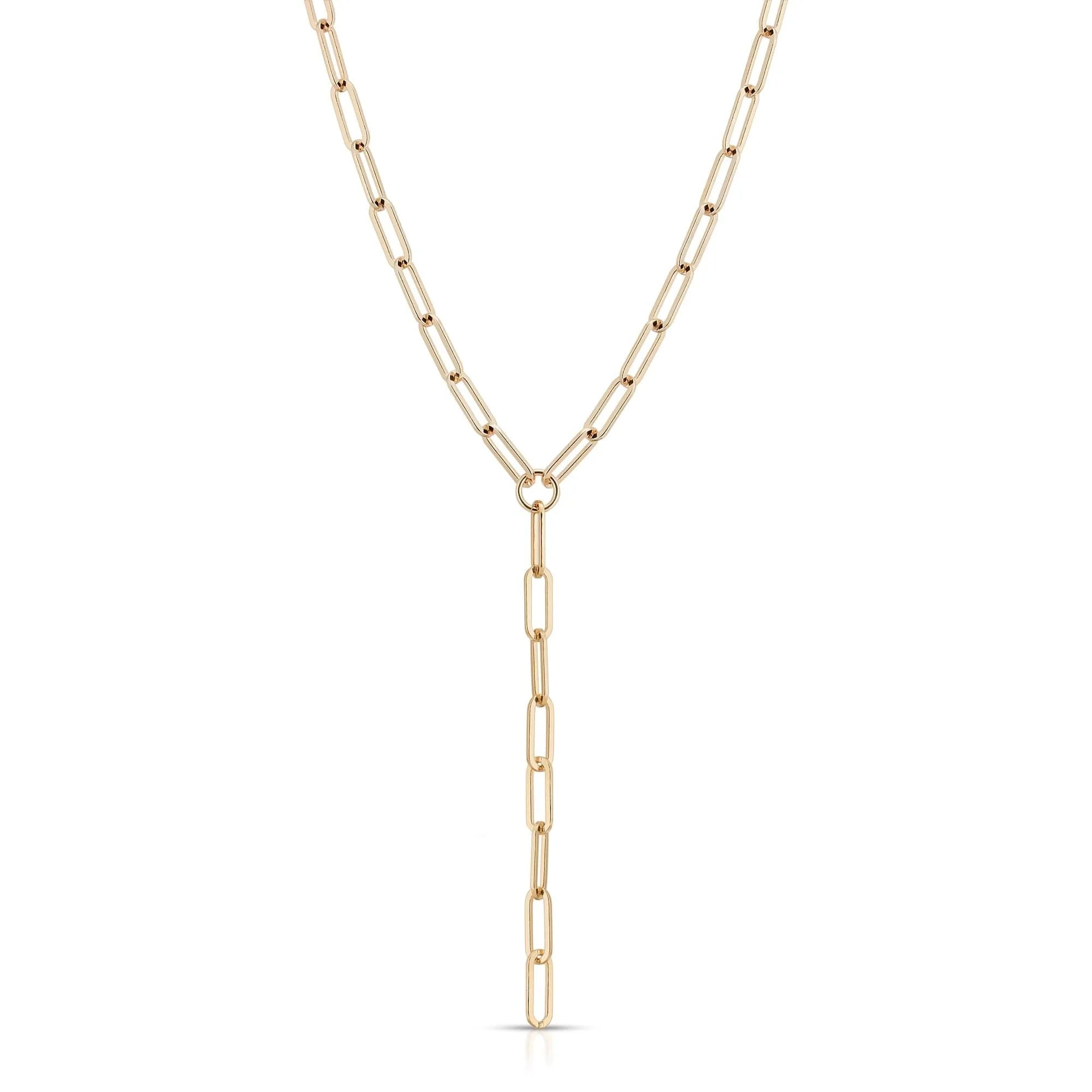 Gold-toned recycled brass plated elongated link lariat necklace with wide 17mm links