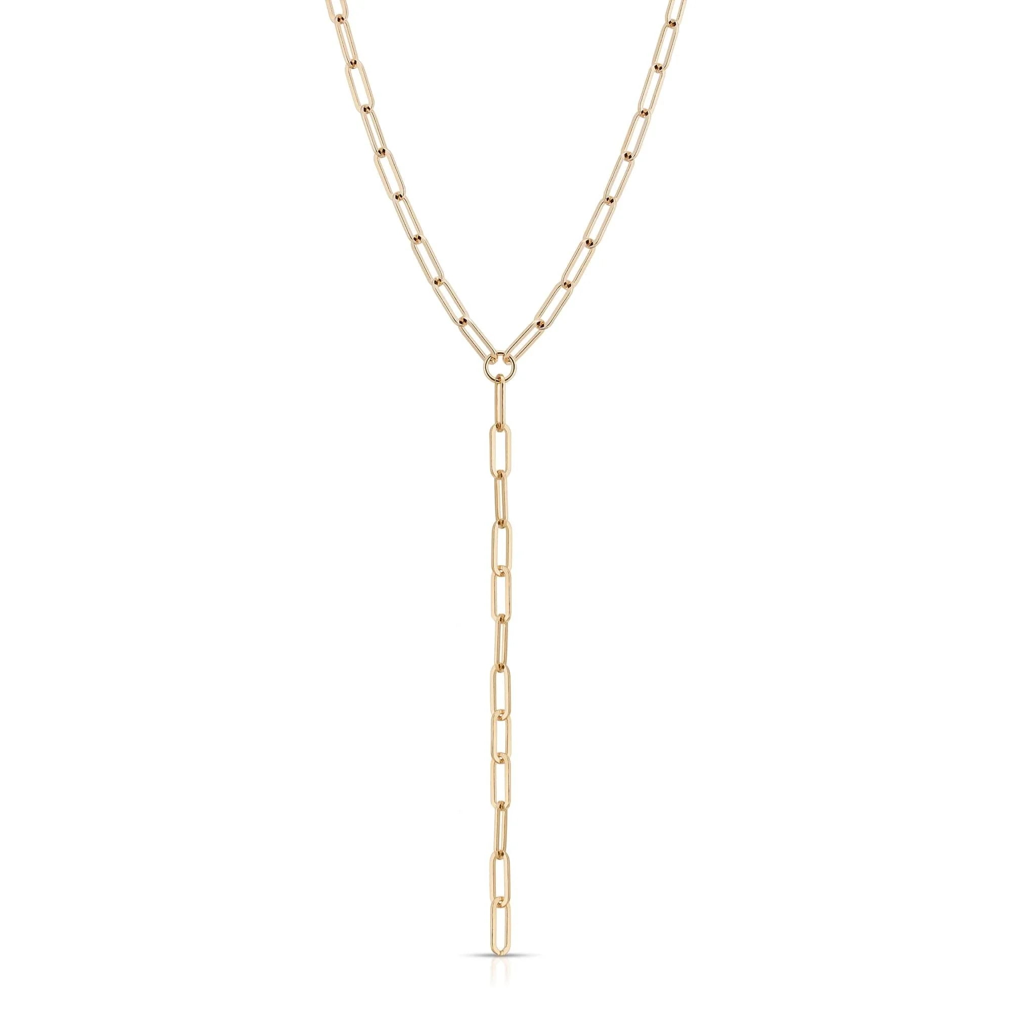 Gold-toned paperclip chain Y-necklace featuring recycled brass plated elongated link lariat wide x 17mm