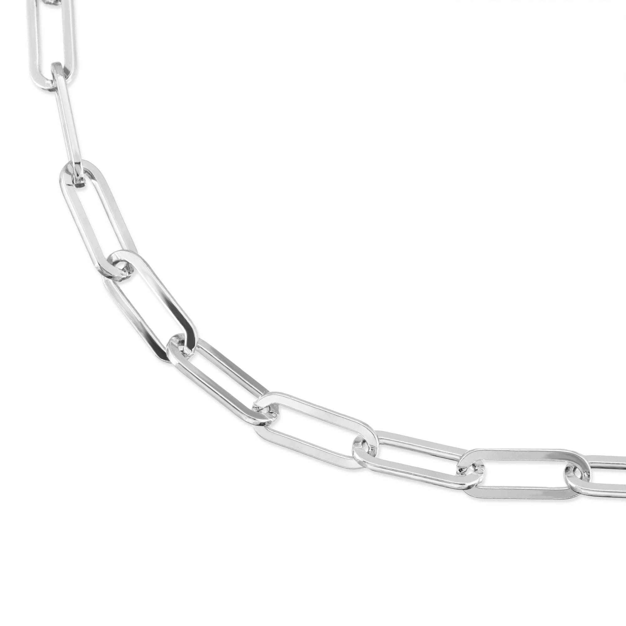 Silver mask chain with elongated links, rhodium-silver plated for stylish wear