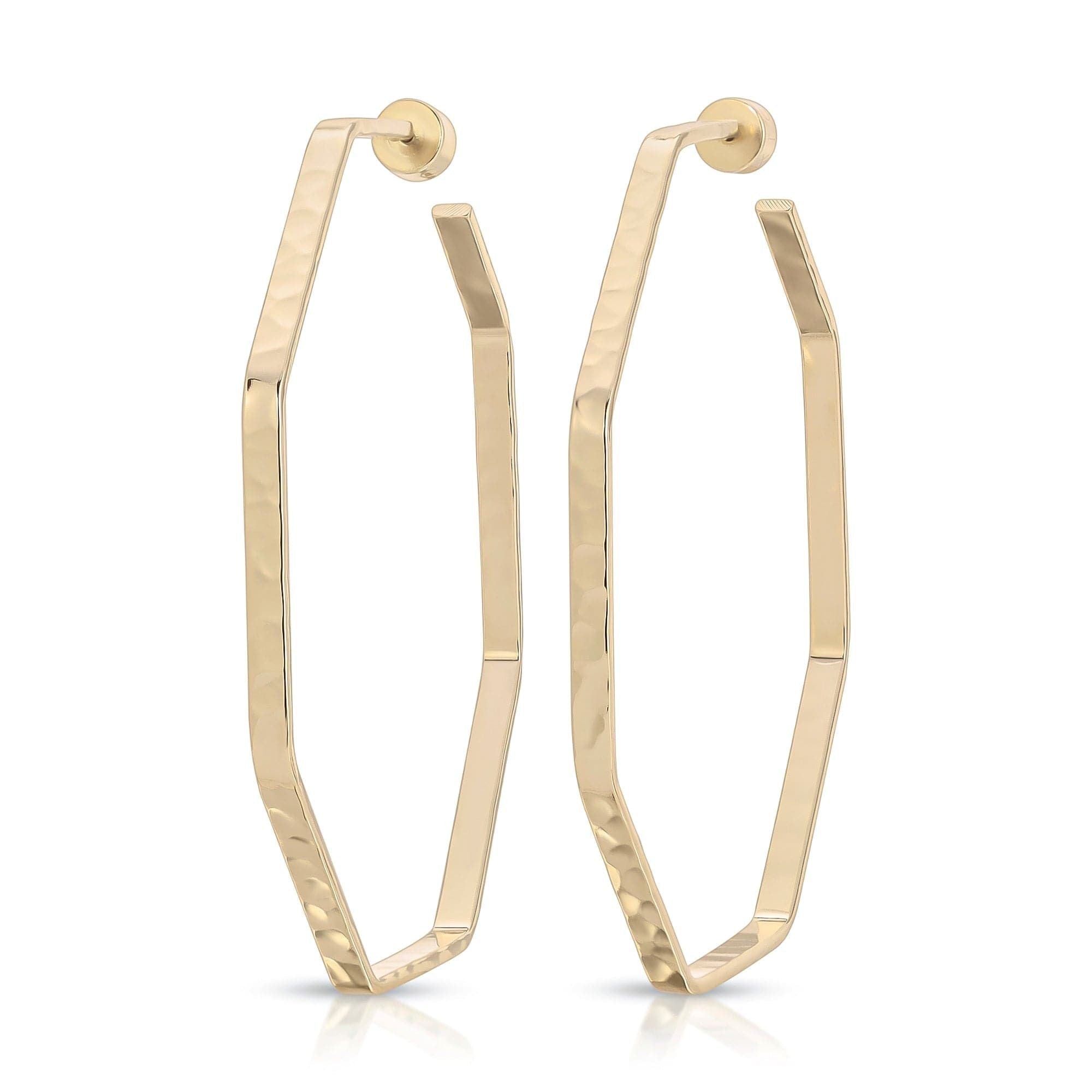 Large Hammered Octagon Shaped Hoops in 14k gold plating with recycled brass finishes