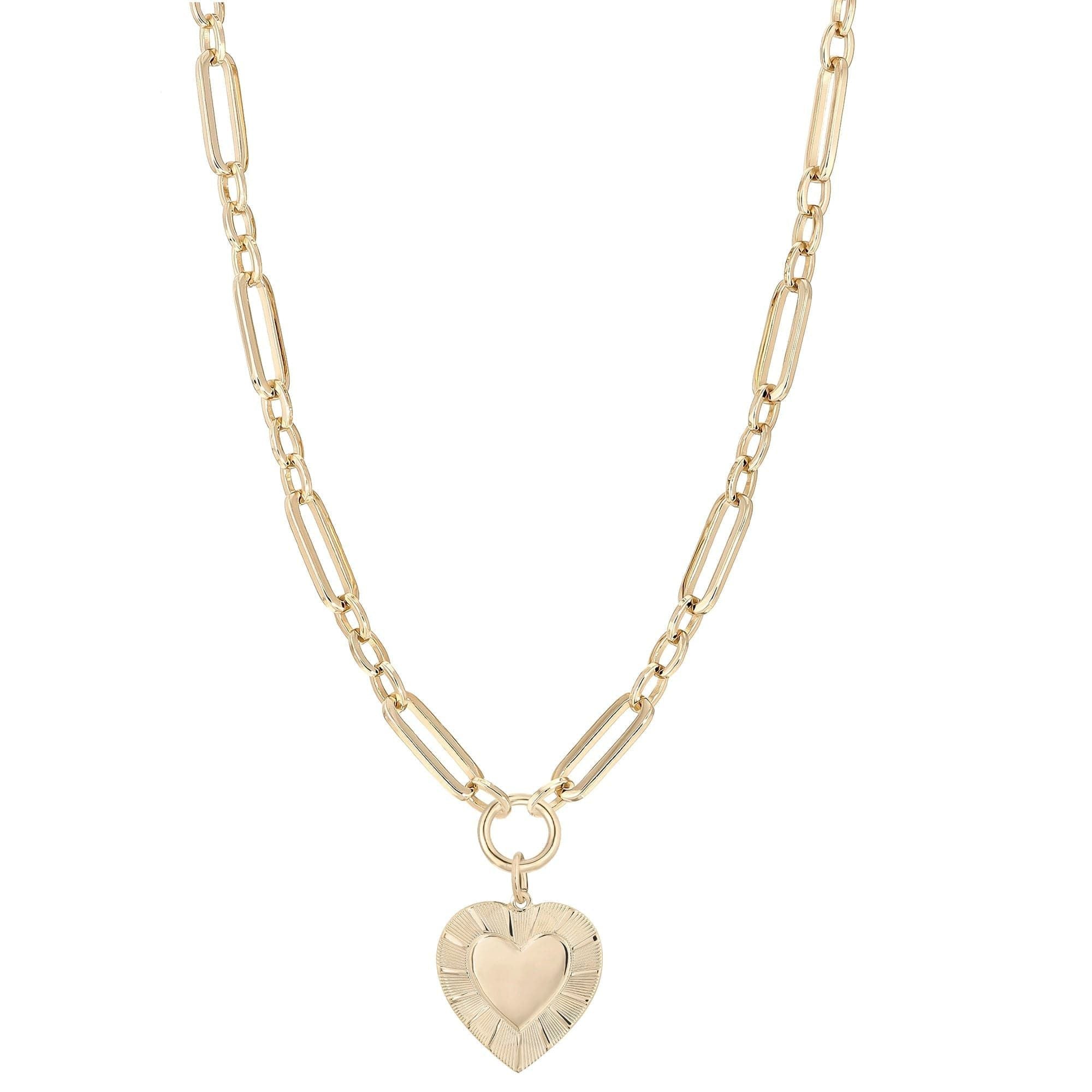 Gold heart pendant necklace on a large multi link chain for elegant styling