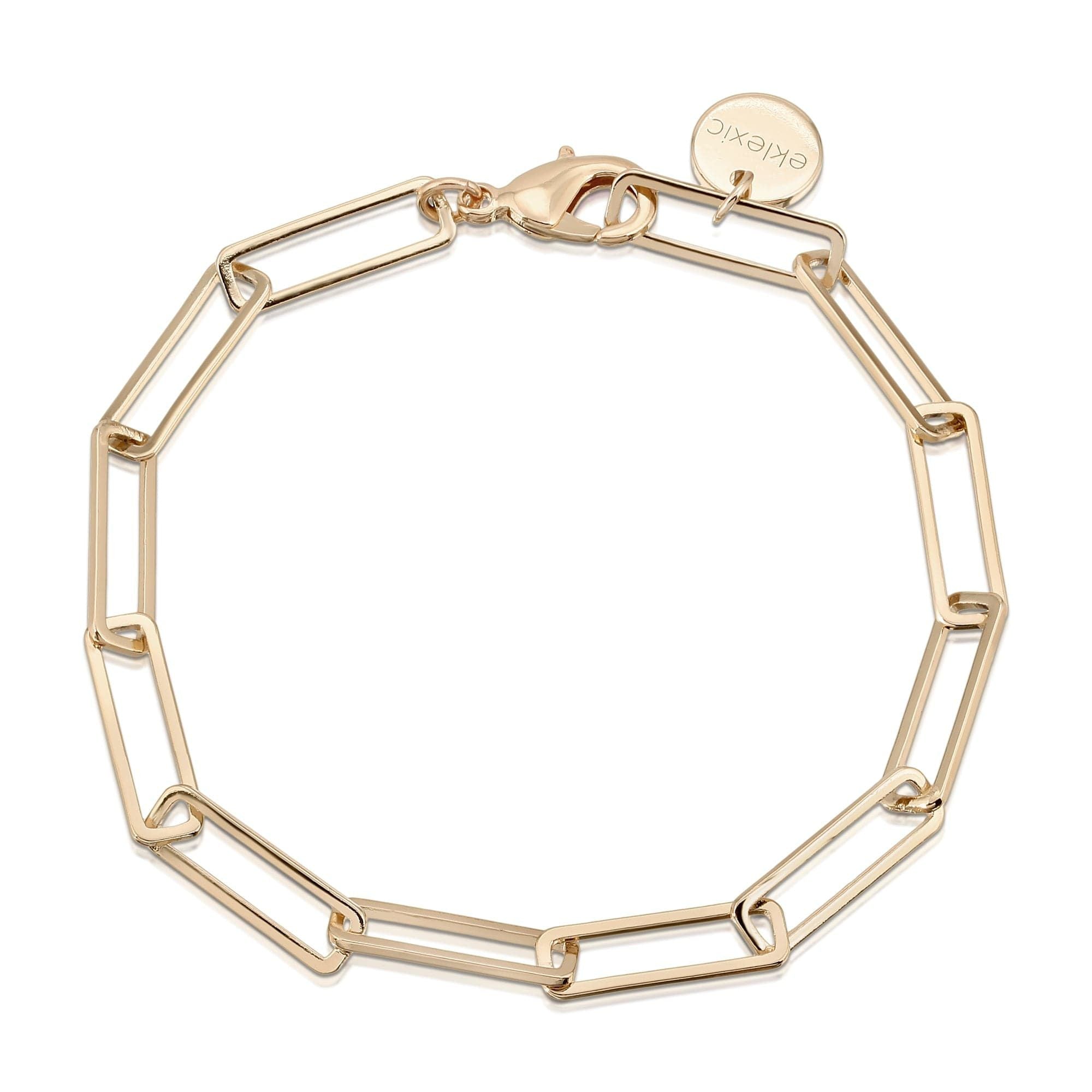 Gold-toned rectangular link bracelet made from recycled brass chain with a protective coating