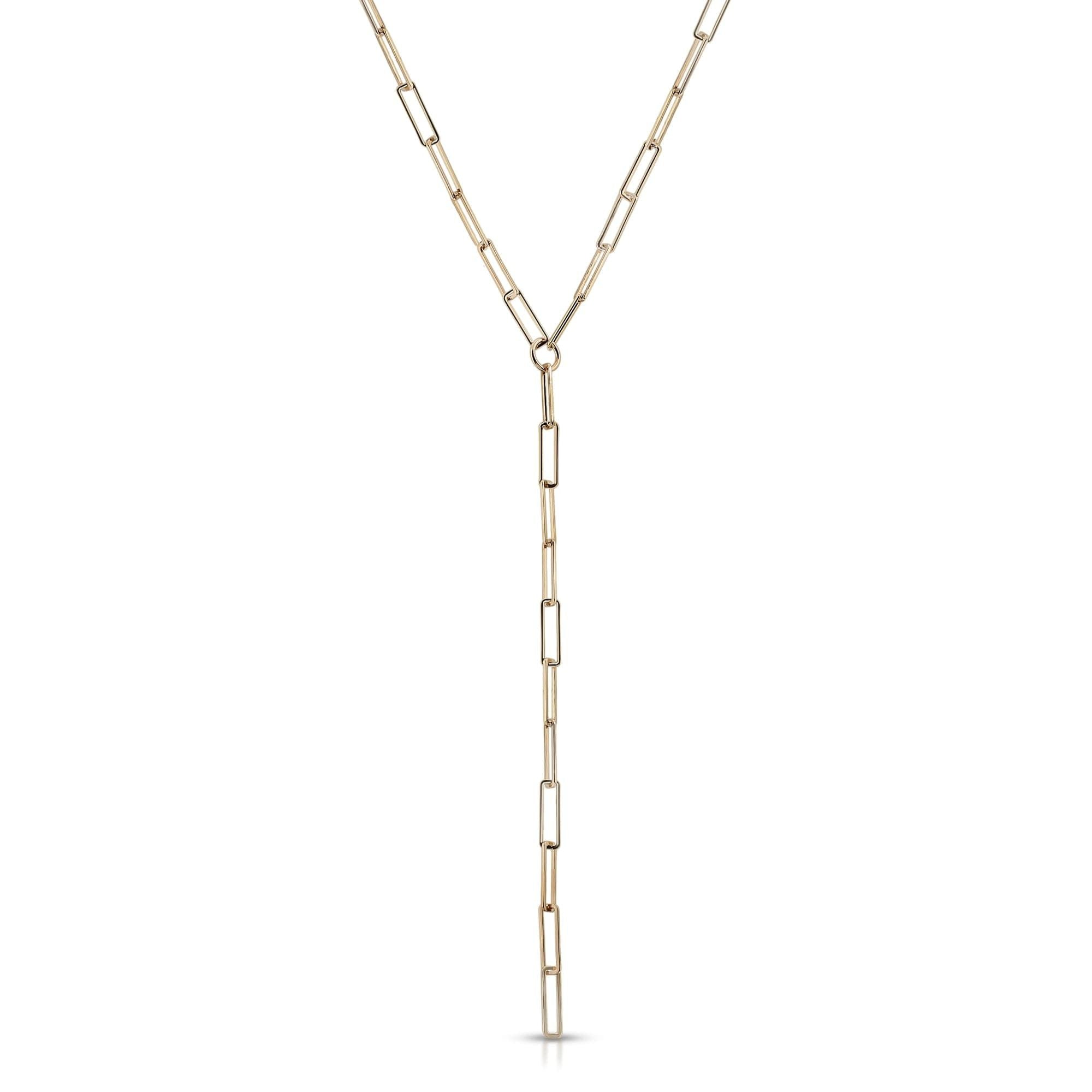 Gold-toned rectangle link lariat crafted from recycled brass plated for elegant style