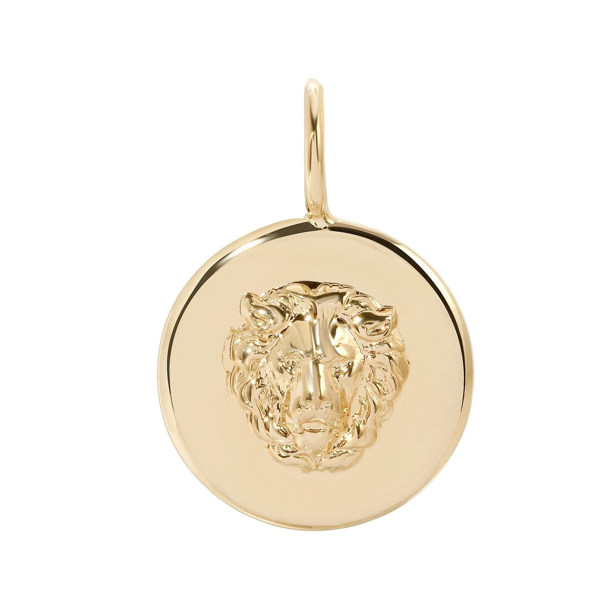Leni Lion Pendant featuring a gold lion head medallion in recycled brass jewelry