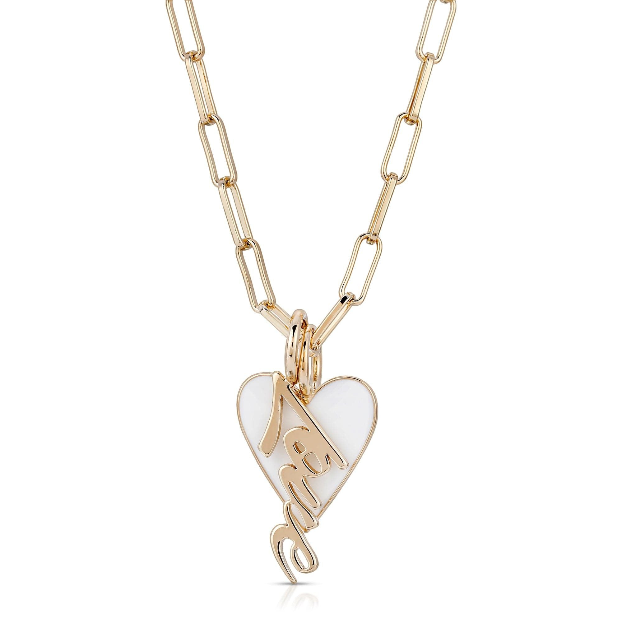 Gold Elongated Link Chain Necklace with Heart Pendant, Leona Charm Necklace