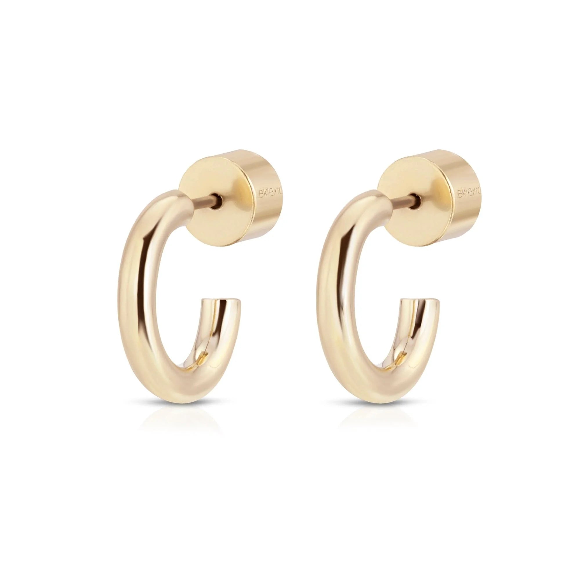 Lisa Huggie Hoops gold earrings made from recycled brass hoops and hypoallergenic surgical steel