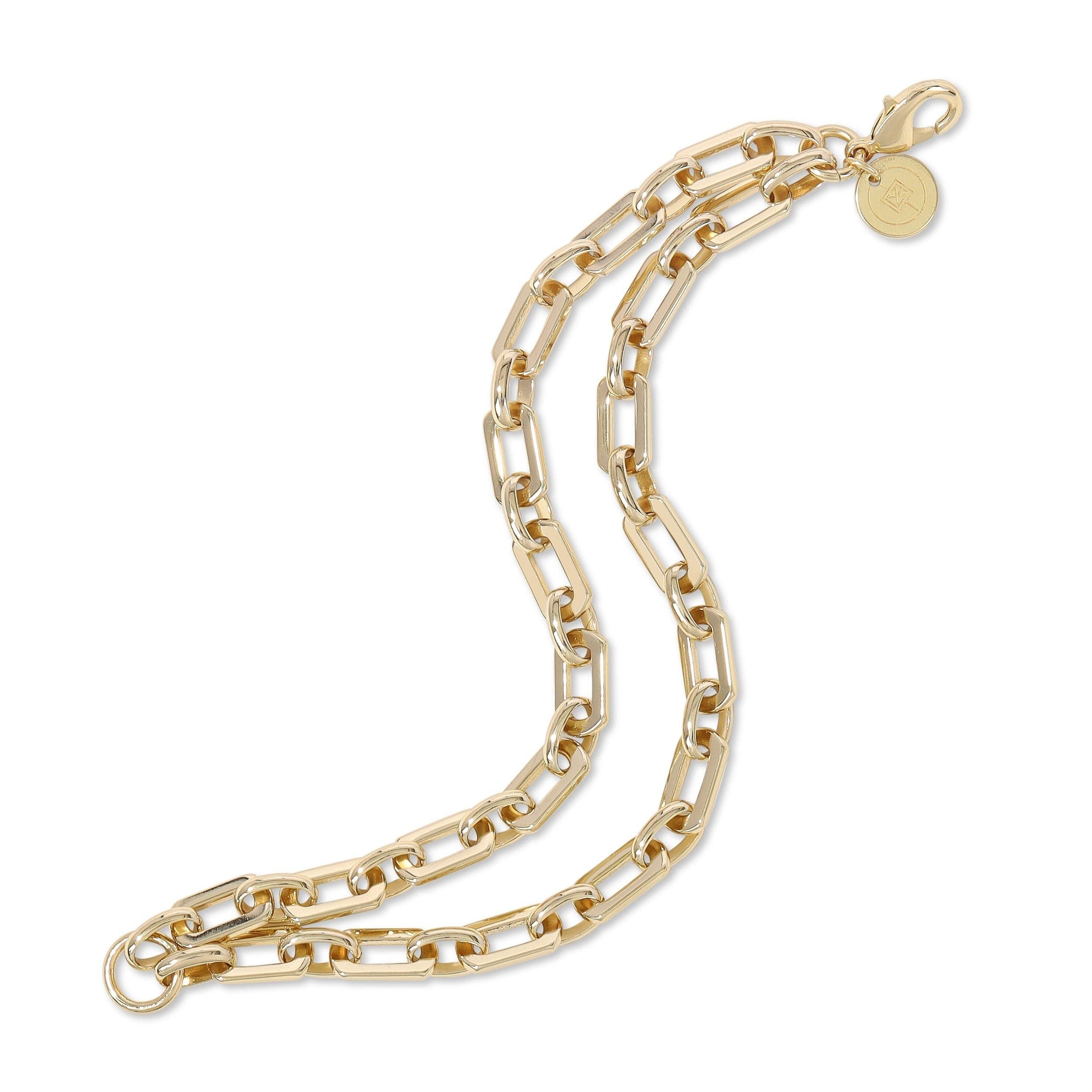 Gold-toned chain link necklace with 14k gold plating and recycled brass finishes