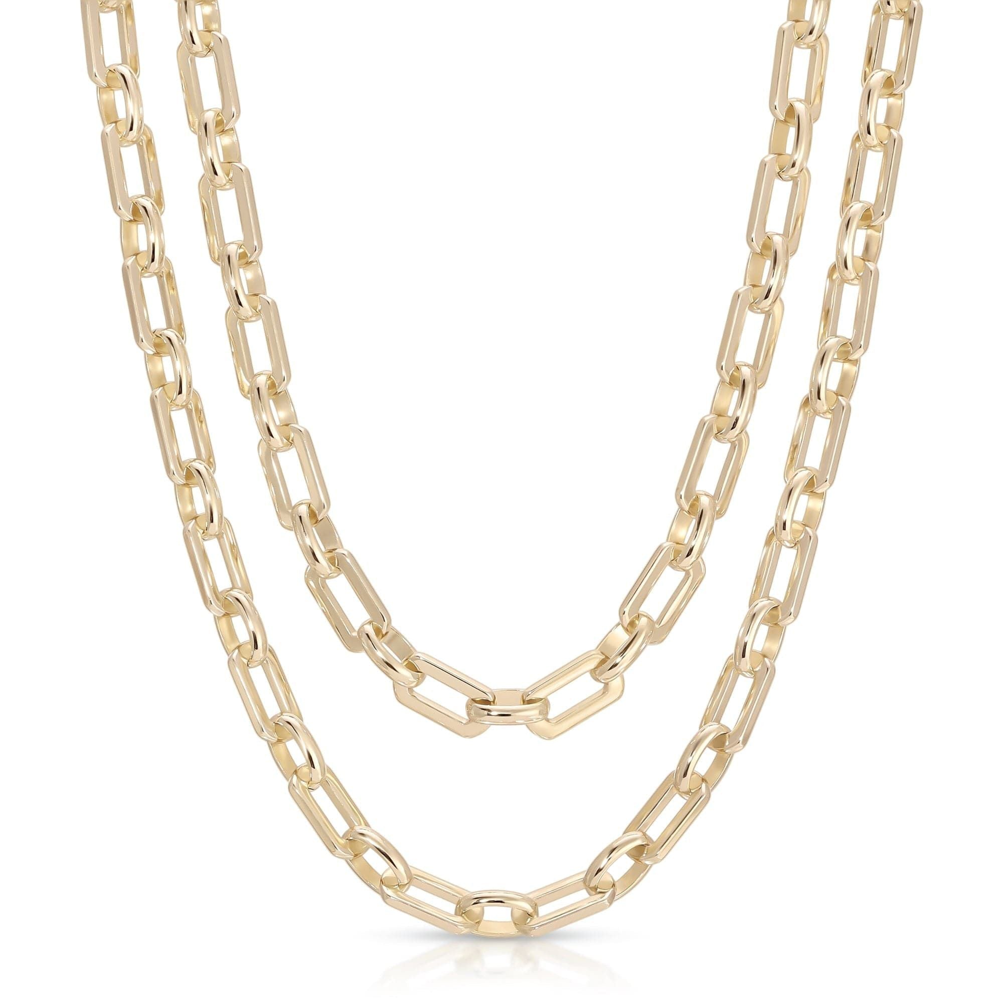 Two gold-toned chain necklaces featuring recycled brass finishes and 14k gold plating