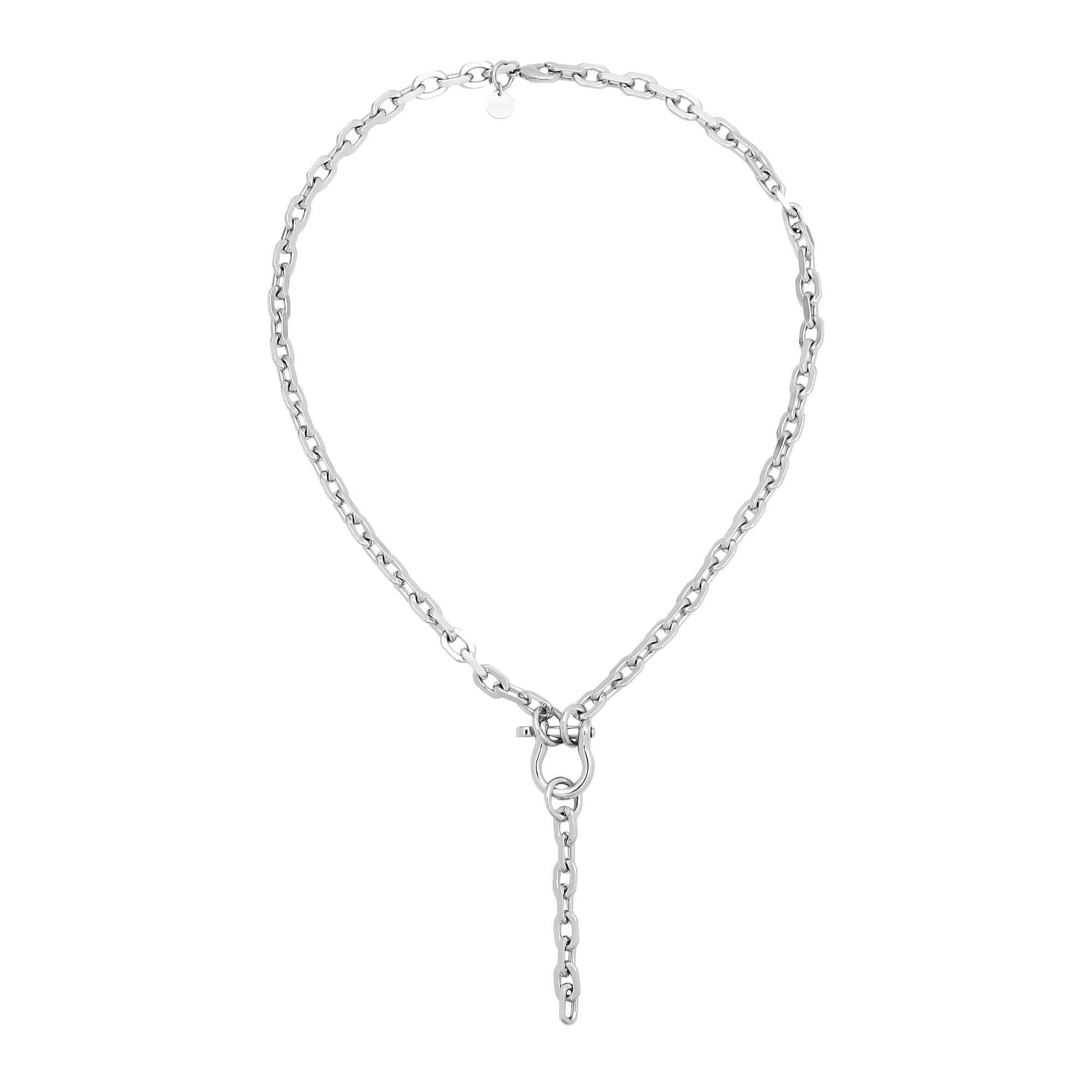 Silver chain link Livia Lariat Necklace with horseshoe clasp and cable link design