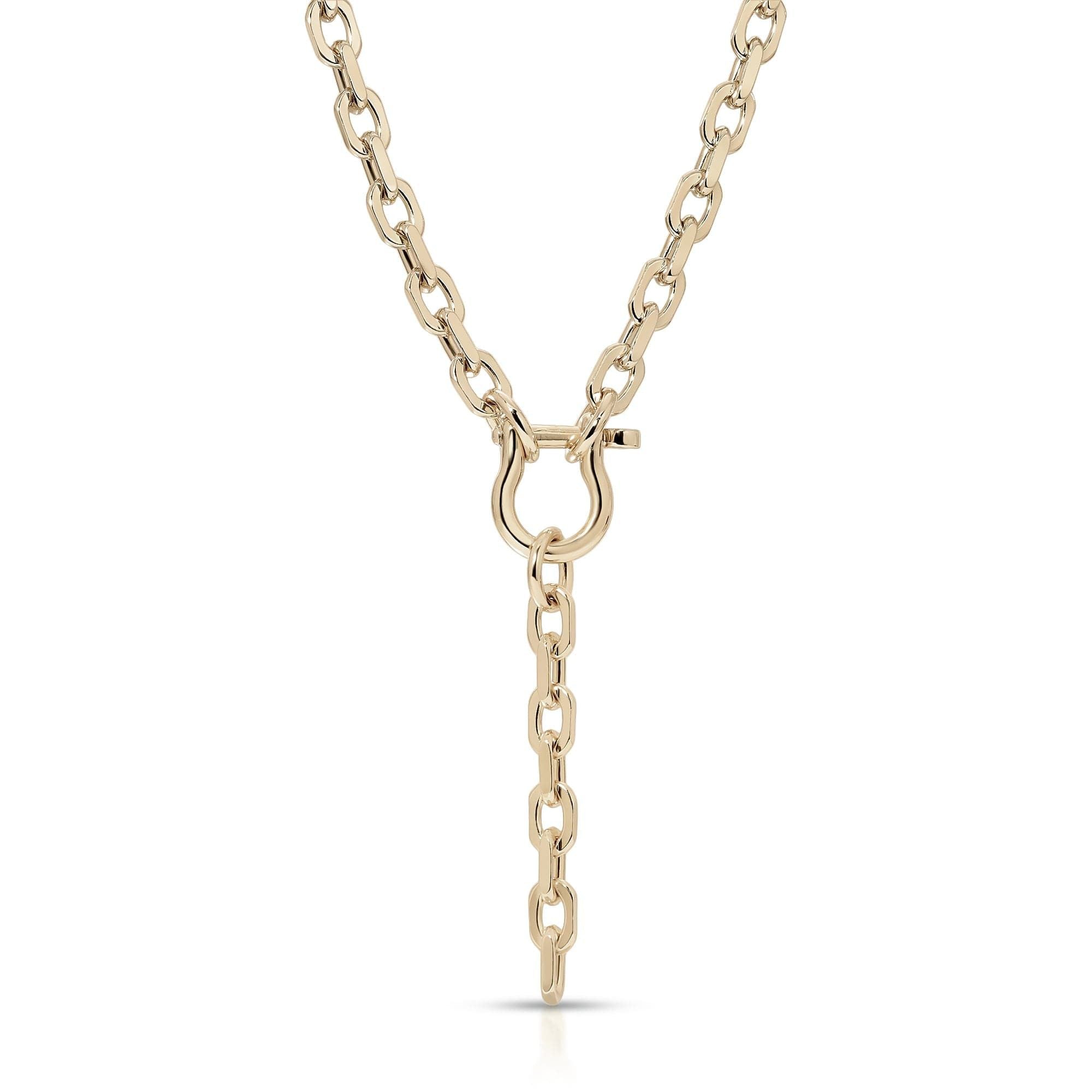 Gold chain Livia Lariat Necklace with a stylish horseshoe clasp and cable link design