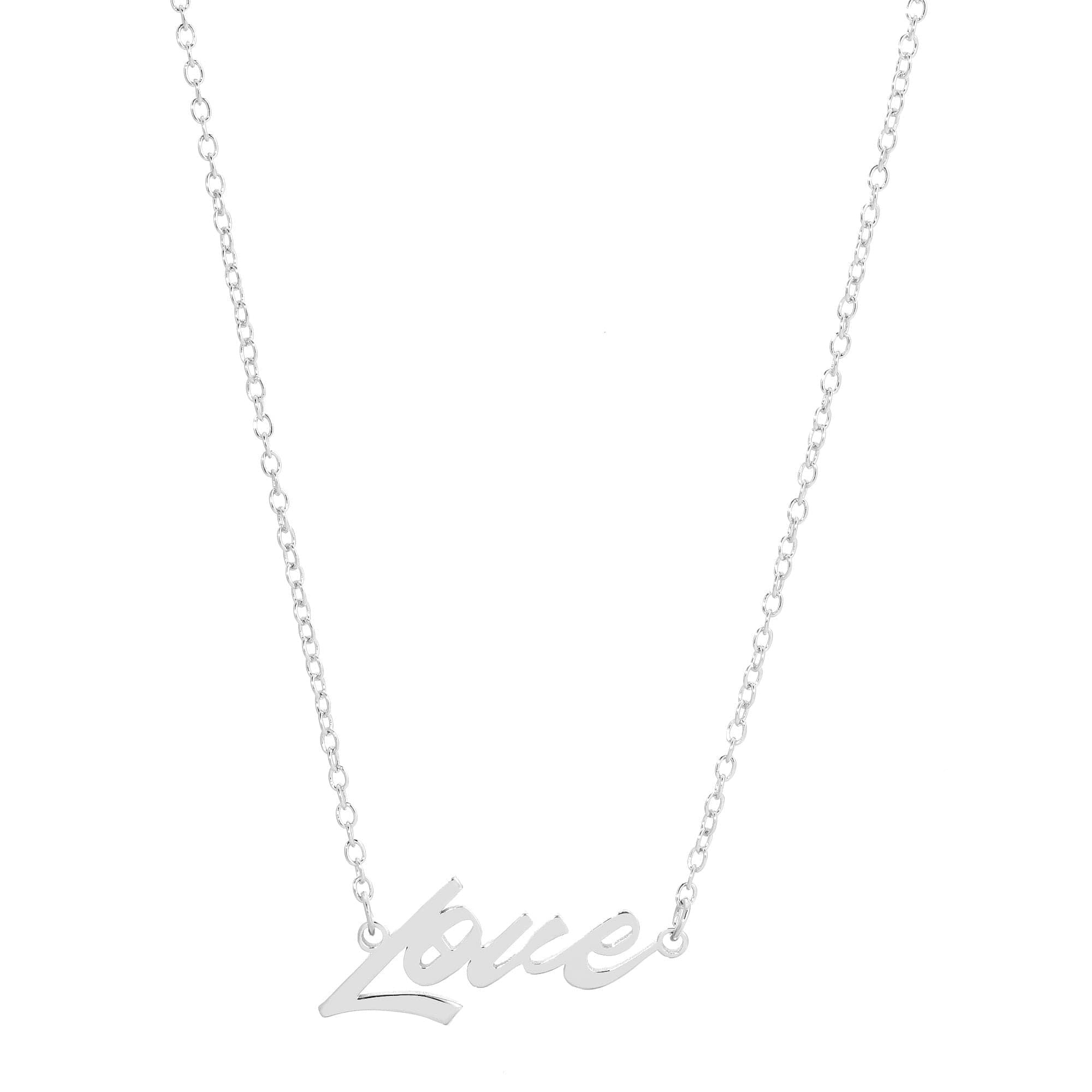 Silver Love Script Necklace features a delicate design and adjustable chain length