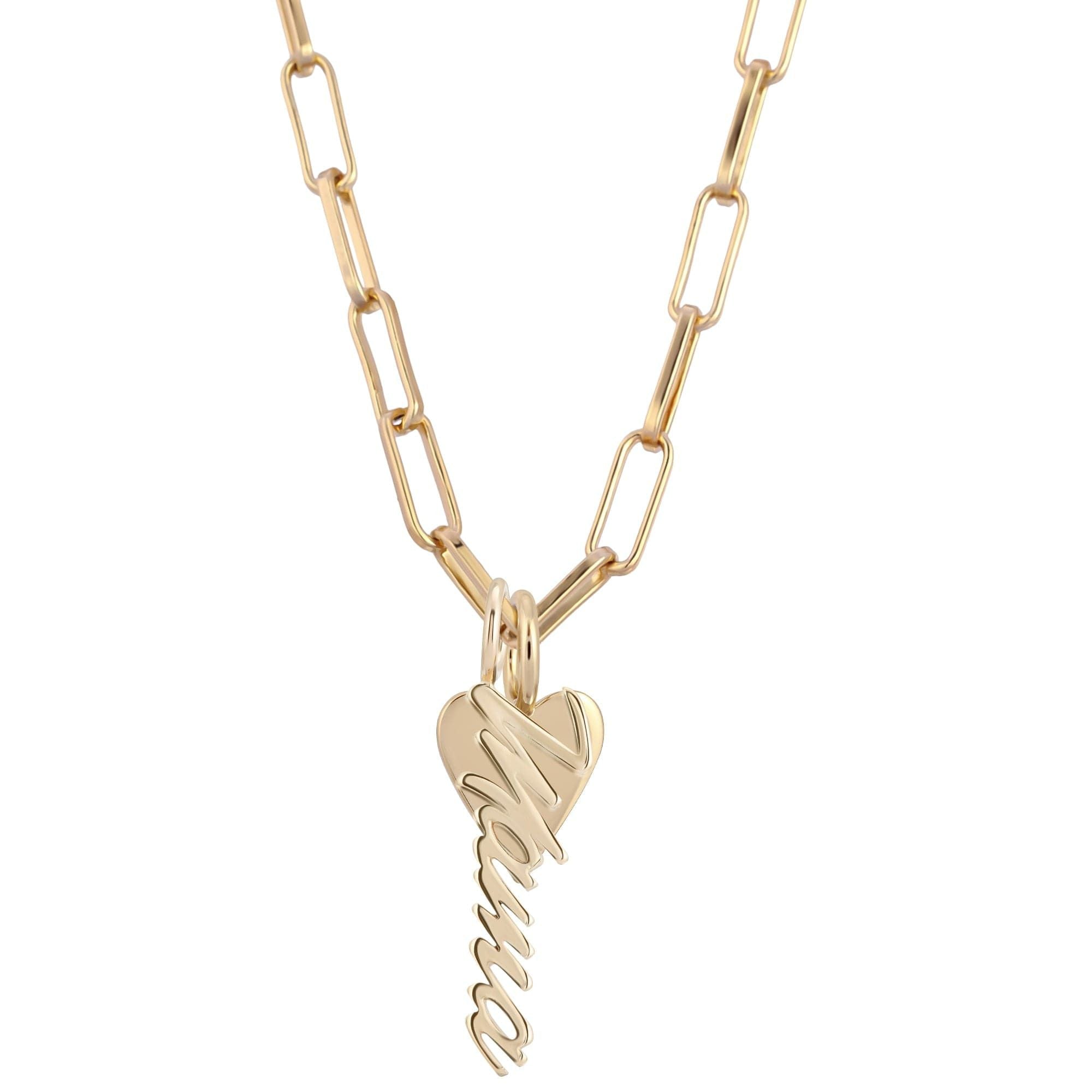 Gold chain necklace with heart pendant, featuring elongated link design, Mara Charm Necklace