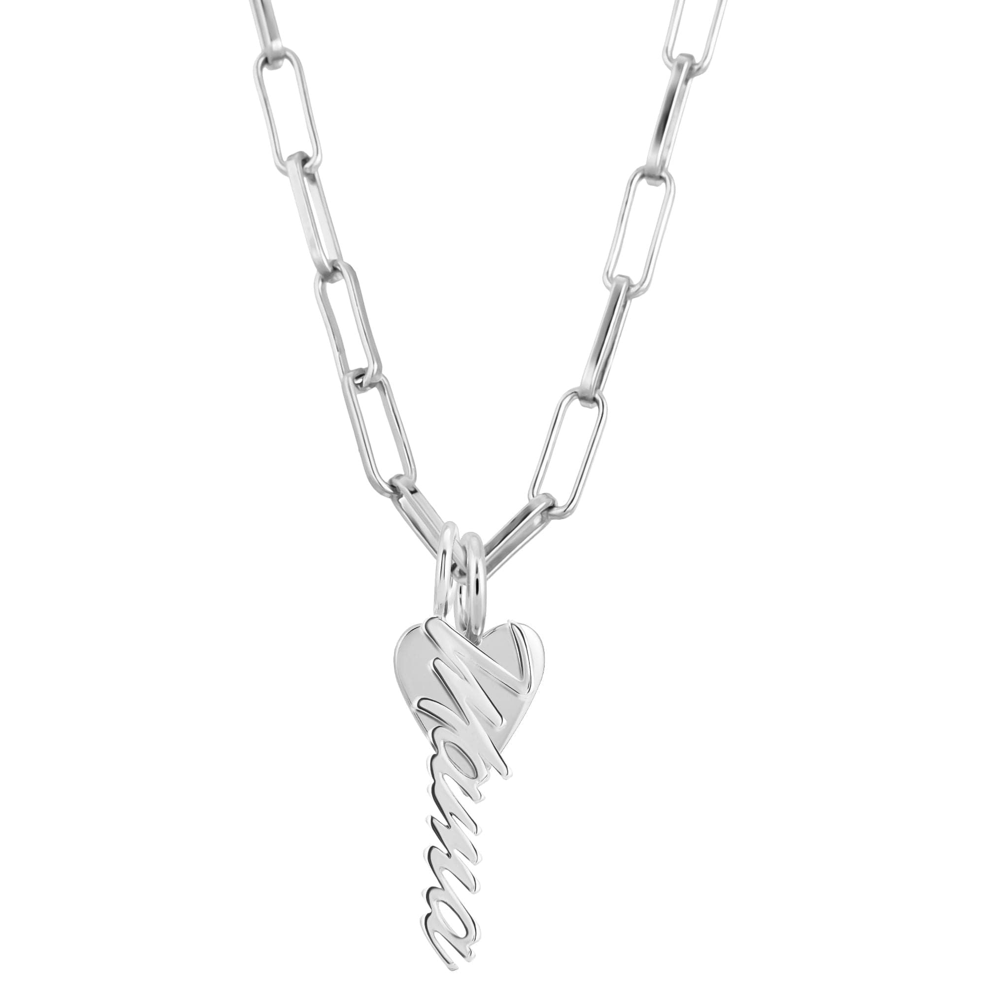 Silver elongated link chain necklace featuring a heart-shaped Mara Charm pendant