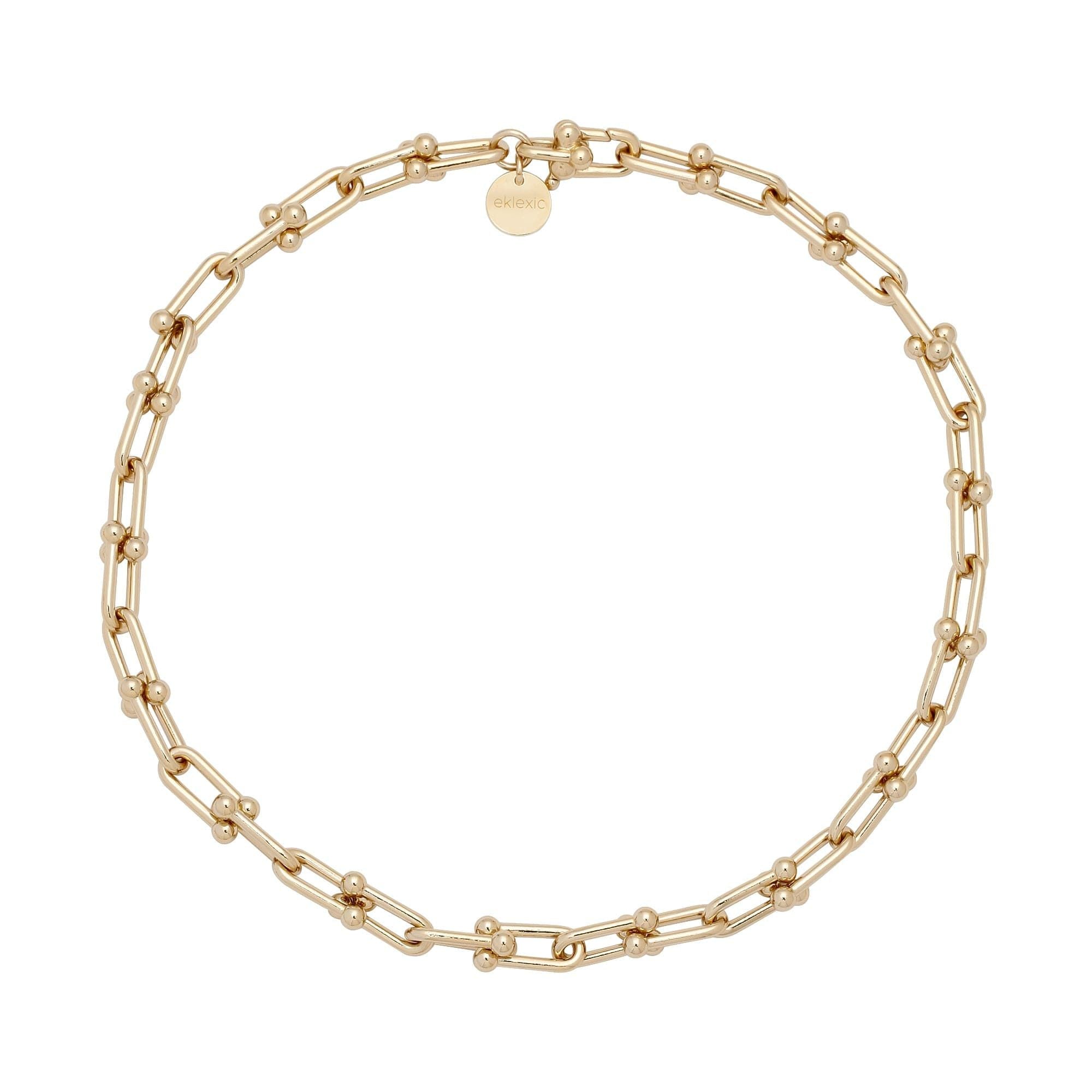 Gold chain-link Margaux Necklace with circular charm in 14k gold finish