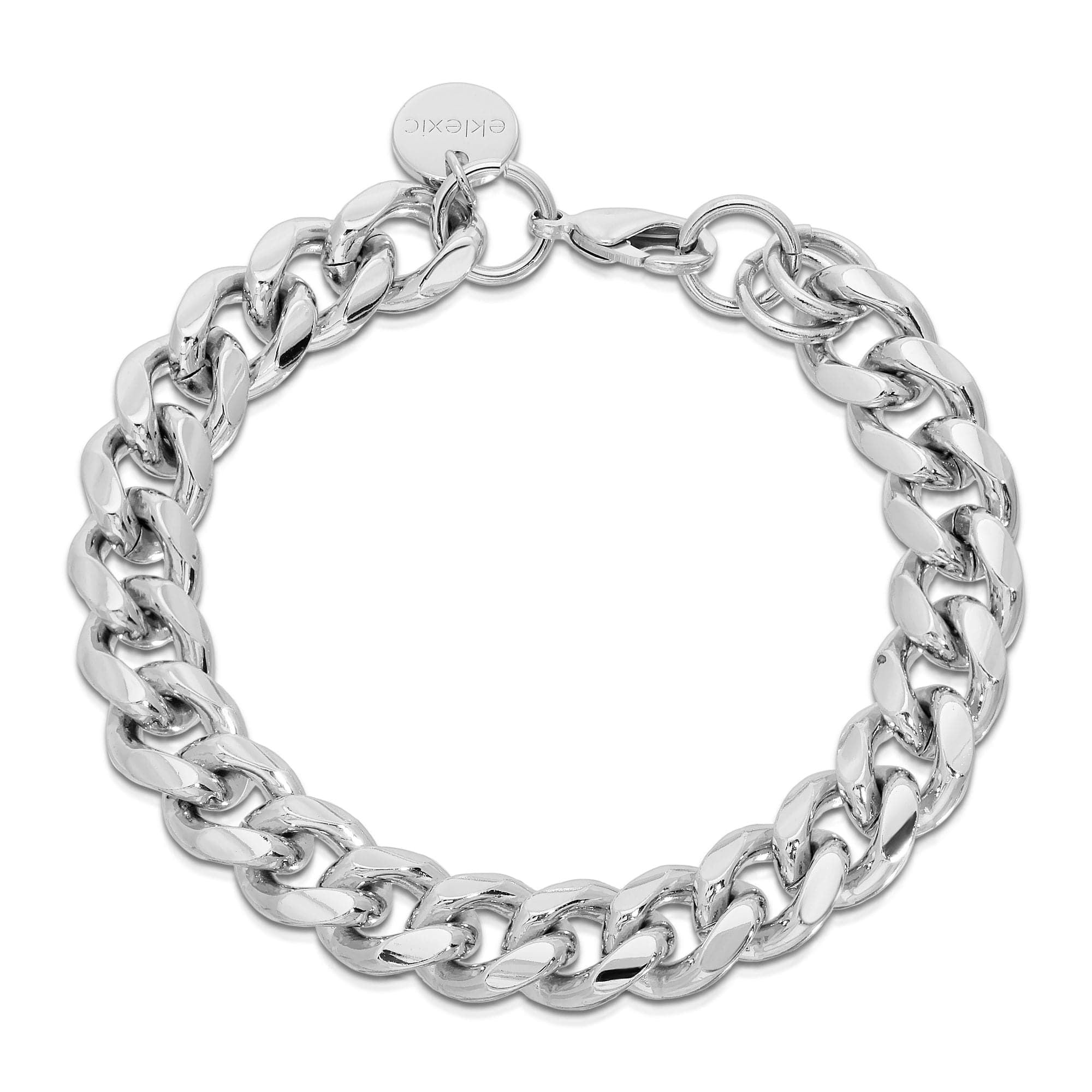 Silver rounded Cuban link bracelet in rhodium-silver curb chain design for men