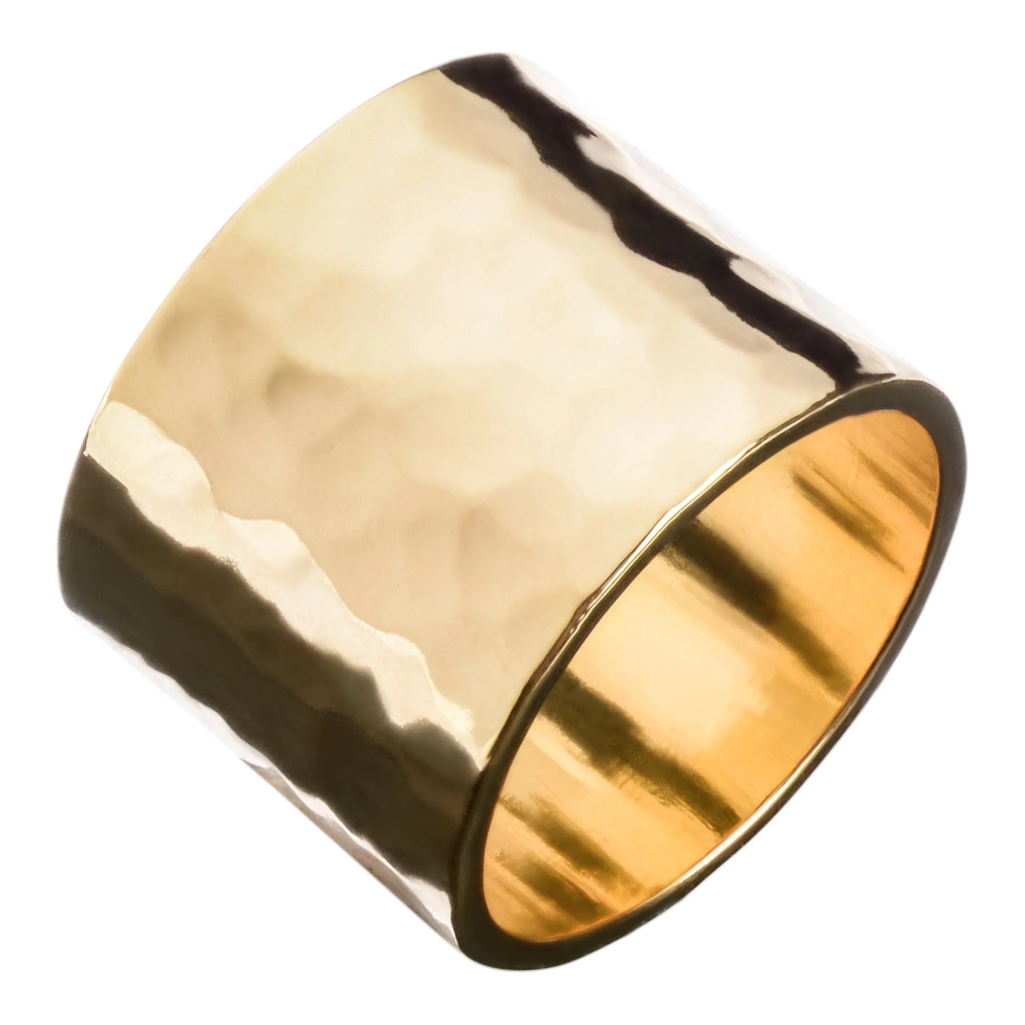 Hammered gold cuff ring in inch wide recycled brass with hammered texture for Men’s style