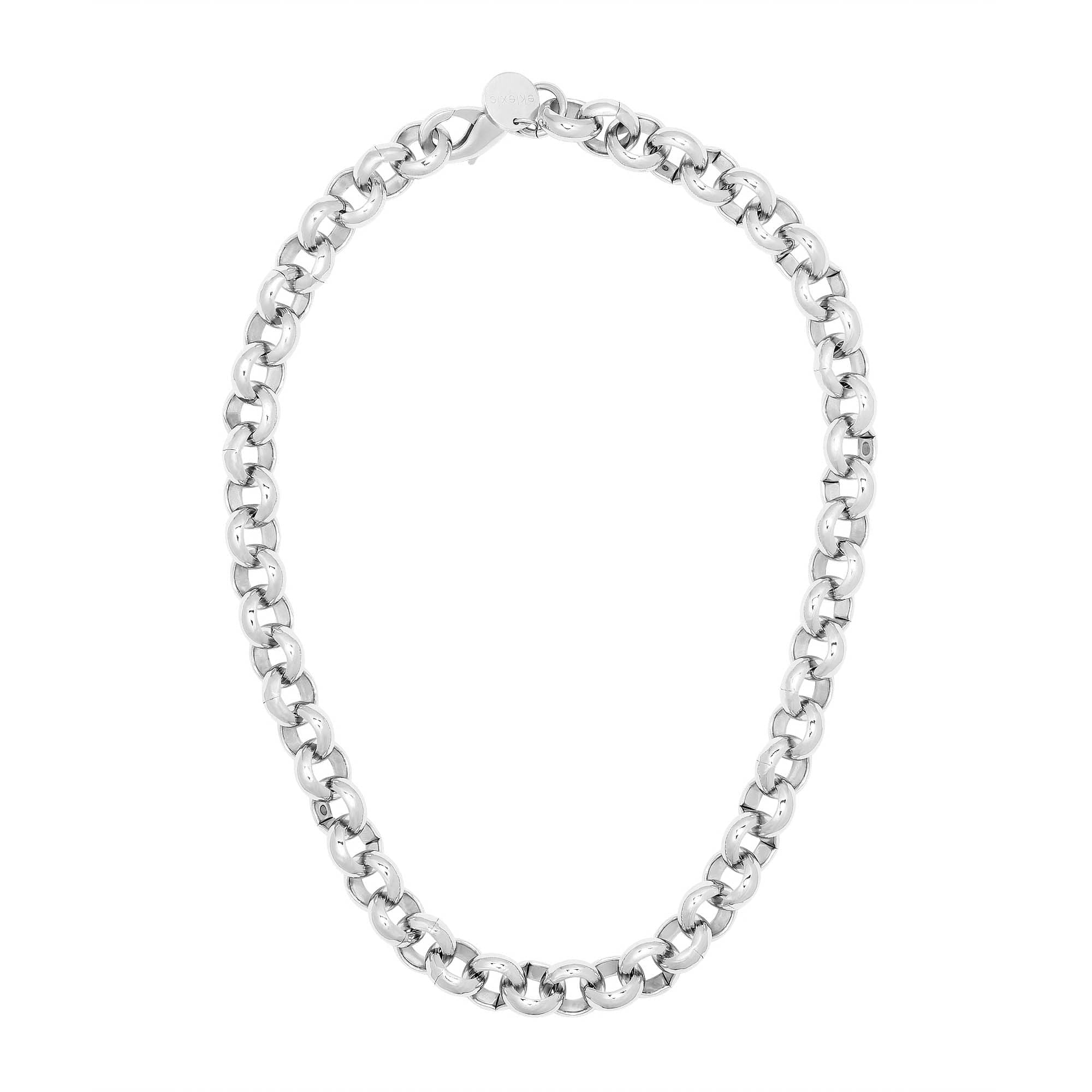 Silver chain-link necklace featuring a chunky rolo chain and 12mm diameter clasp