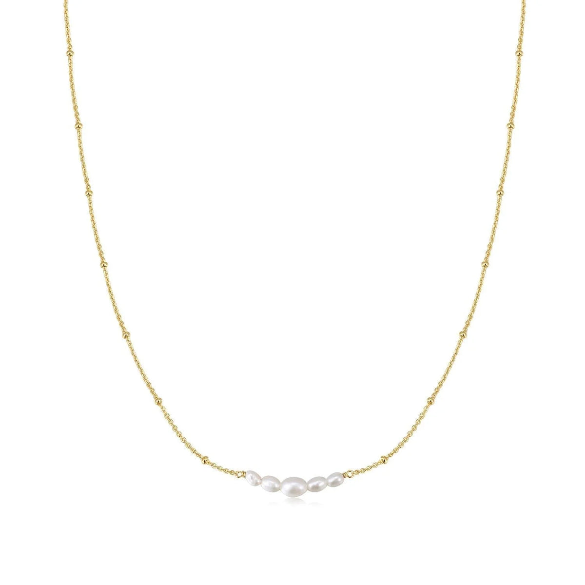 Gold chain with delicate pearls and beads in the Micro Clustered Pearl & Bead Necklace