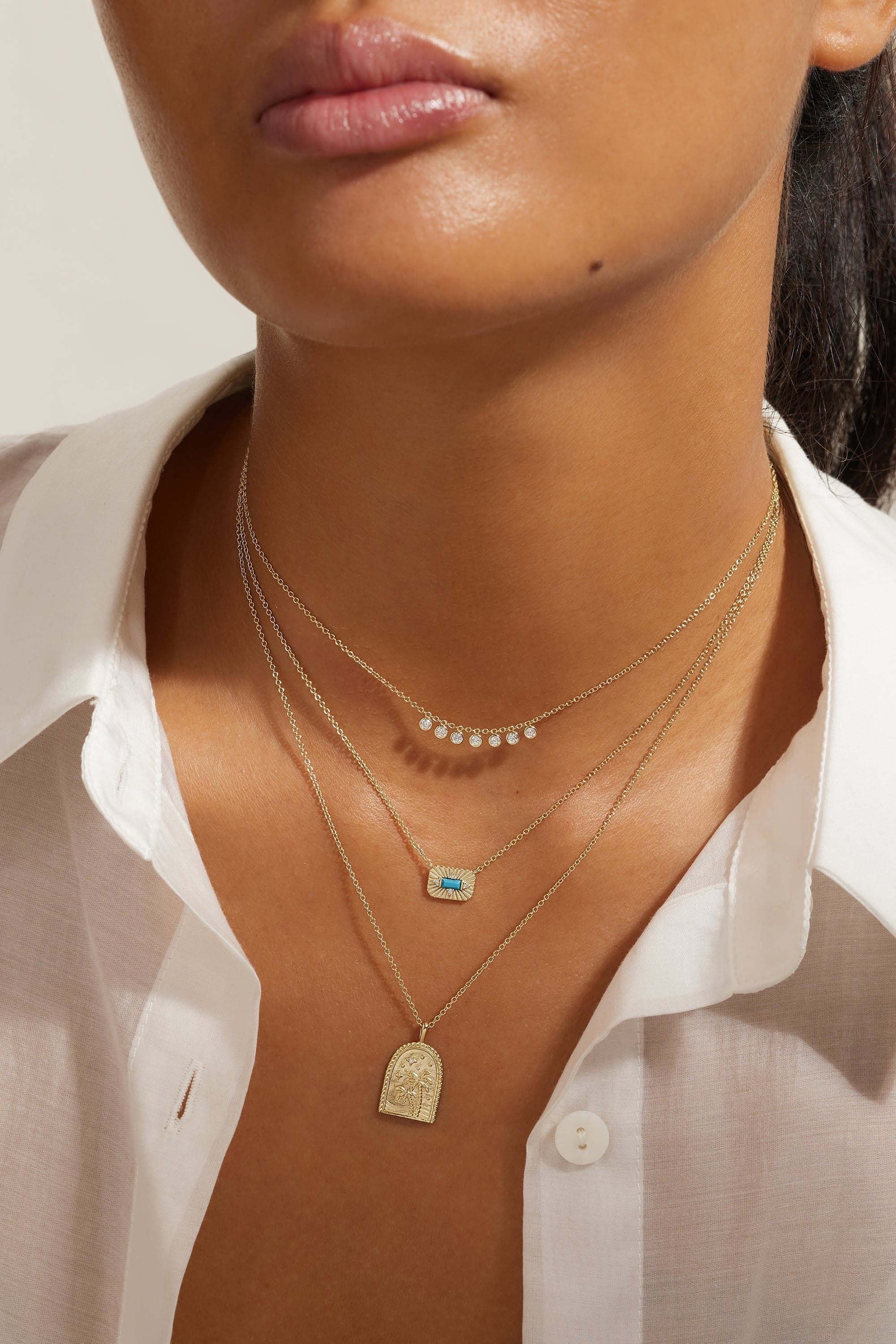 Layered gold necklaces featuring 14k gold plated Micro Cz Chandelier Necklace