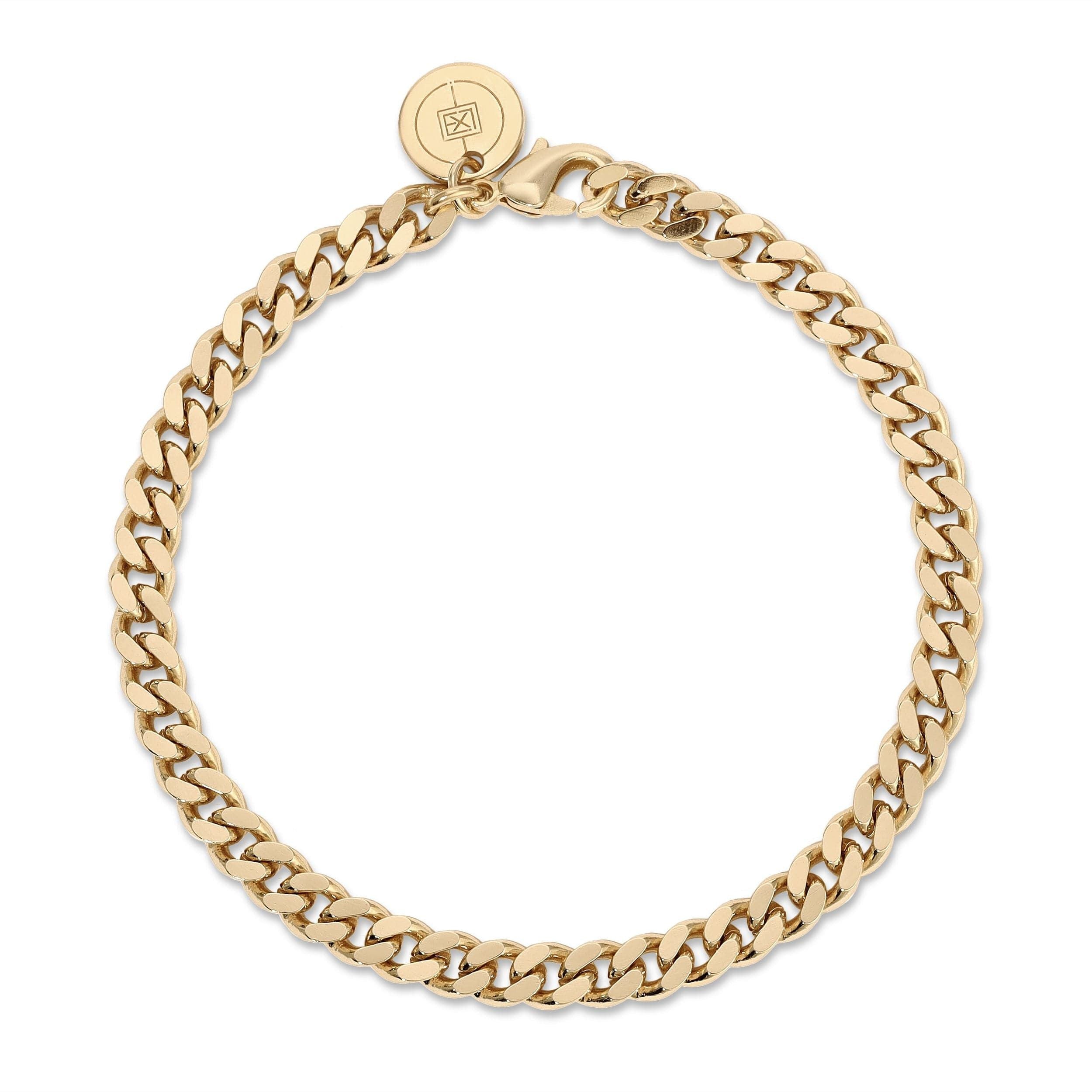 Gold chain bracelet with circular charm, featuring ecoat micro curb design and rhodium plating