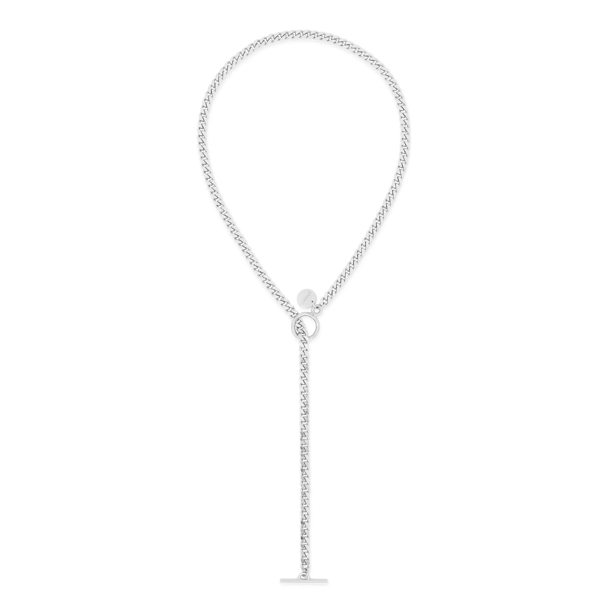 Silver micro curb chain lariat necklace with rhodium plating in ecoat micro curb finish