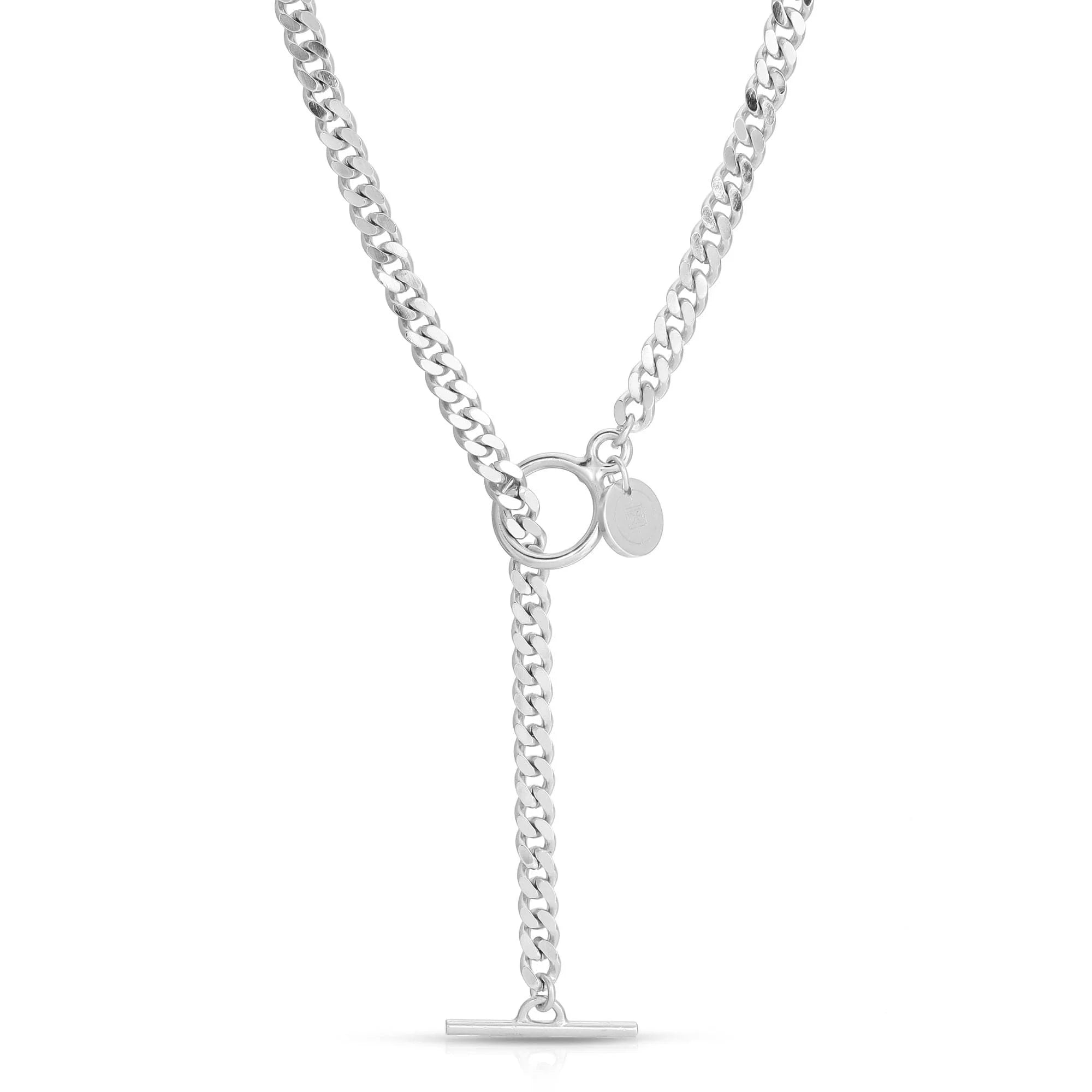 Micro curb chain necklace with circular pendant and T-bar closure in rhodium plating