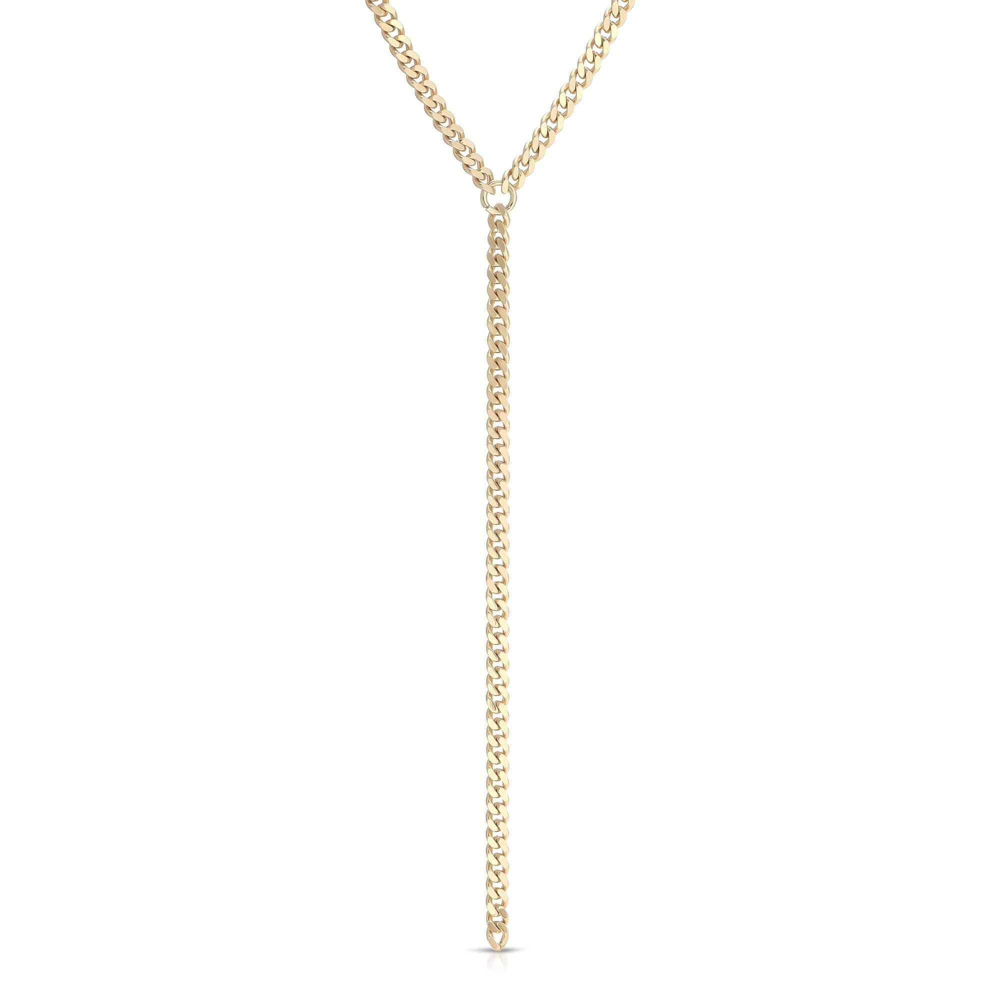 Gold Y-shaped Micro Link Curb Chain Lariat necklace with rhodium plating and ecoat finish