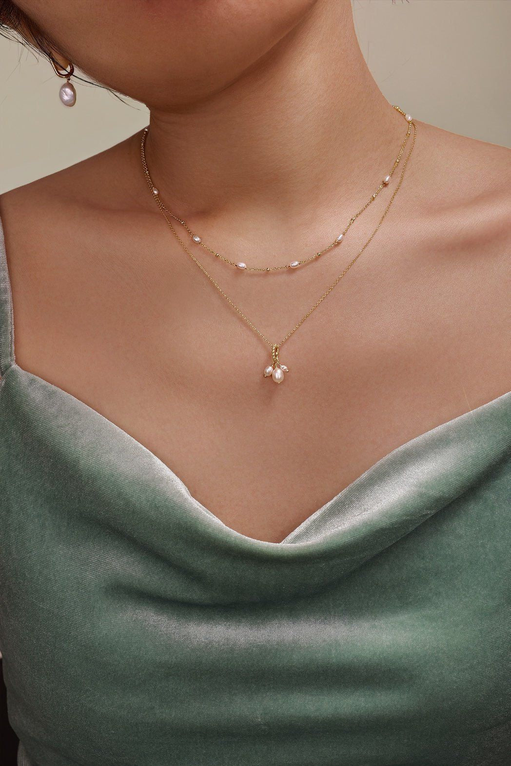 Woman showcasing a Micro Pearl & Bead Necklace with 14k gold vermeil, necklace length 16in+2in