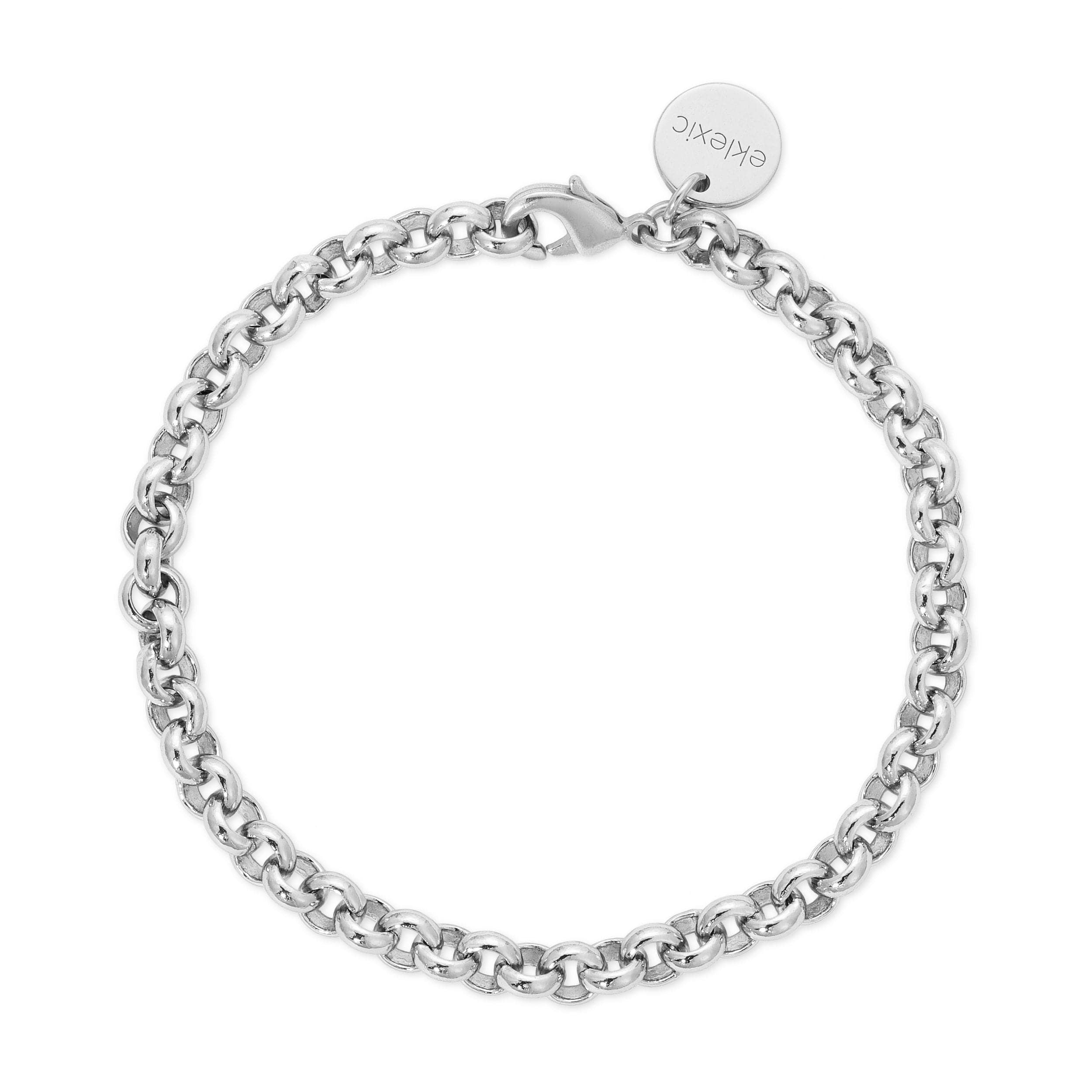 Silver chain bracelet with circular charm featuring Ecoat Micro Rolo and rhodium plating