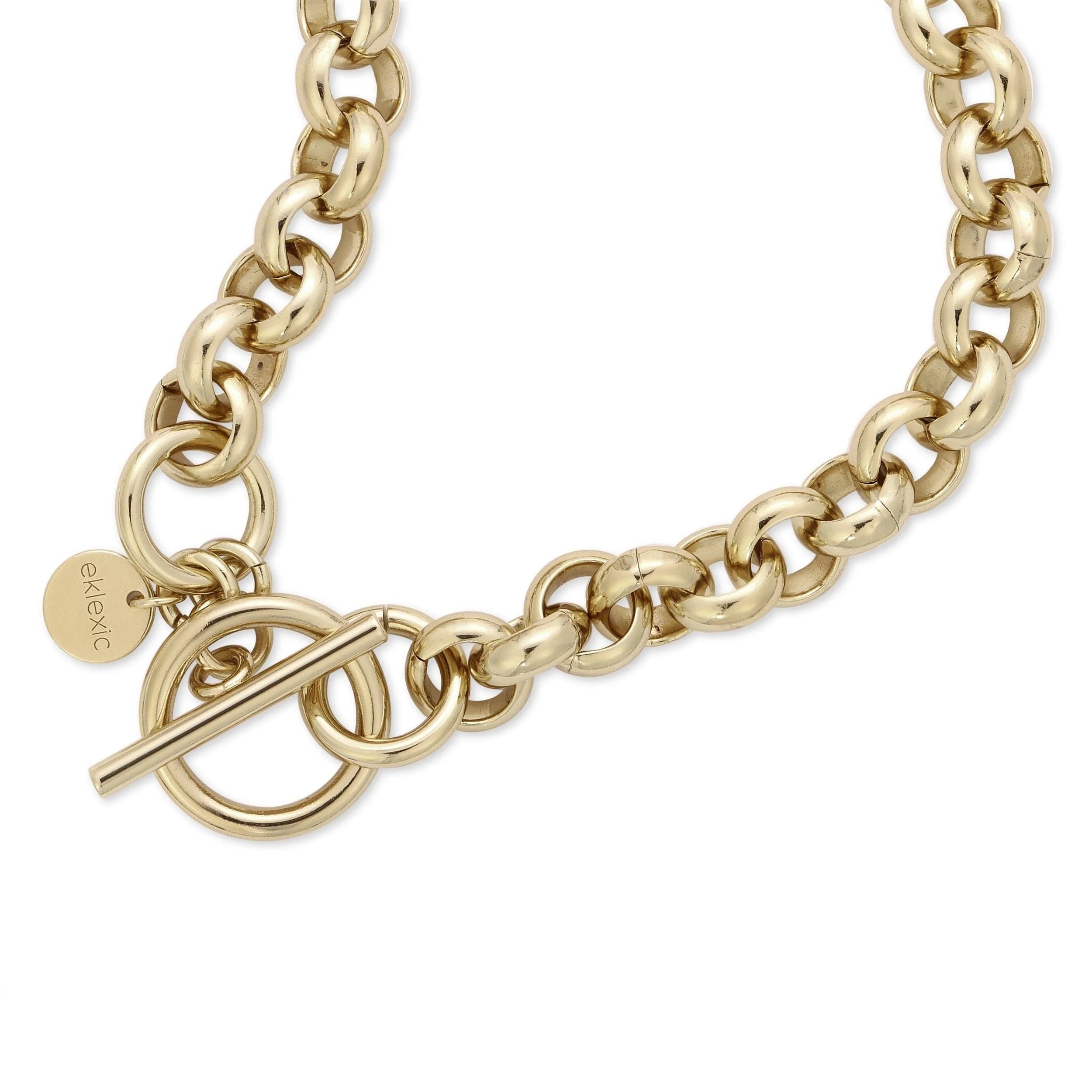 Gold-tone micro rolo chain necklace with toggle clasp featuring rhodium plating