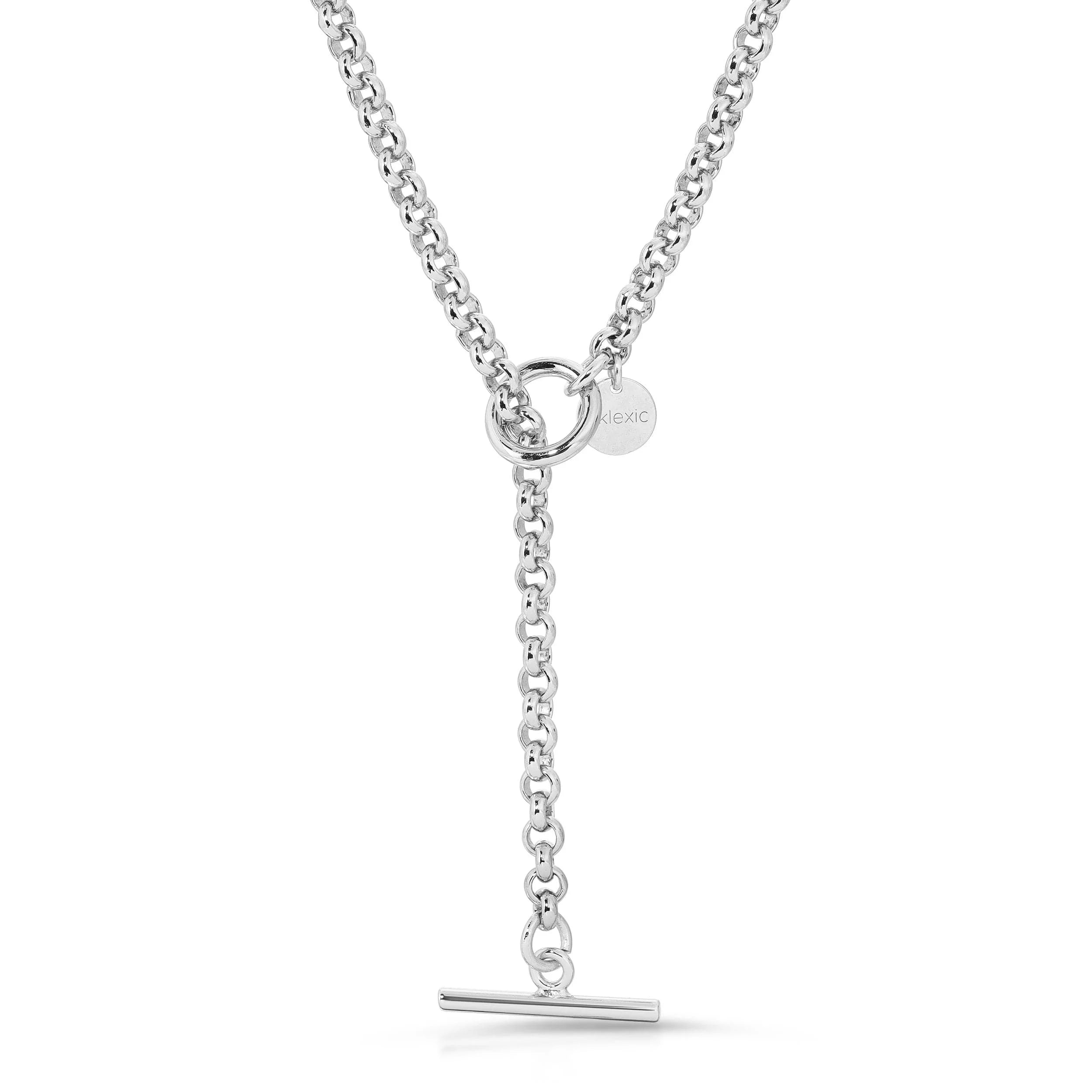 Silver micro rolo chain necklace with T-bar closure and rhodium plating for ecoat micro rolo style