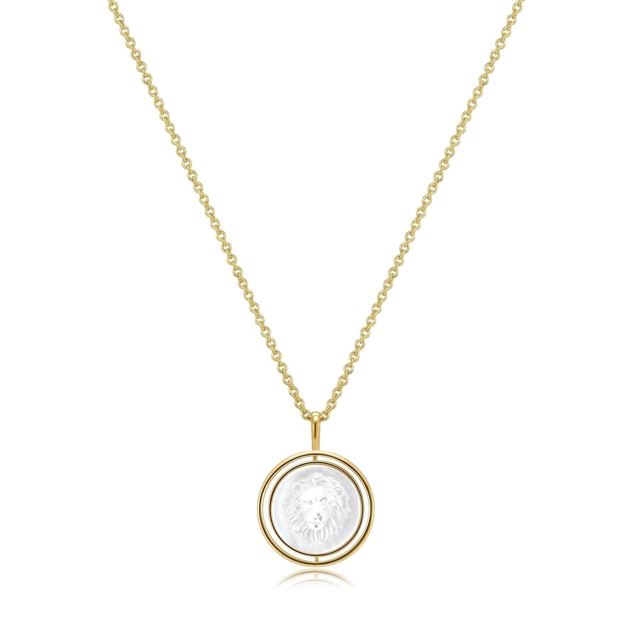 Gold chain necklace with White Mother of Pearl Lion pendant, featuring 14k gold accents