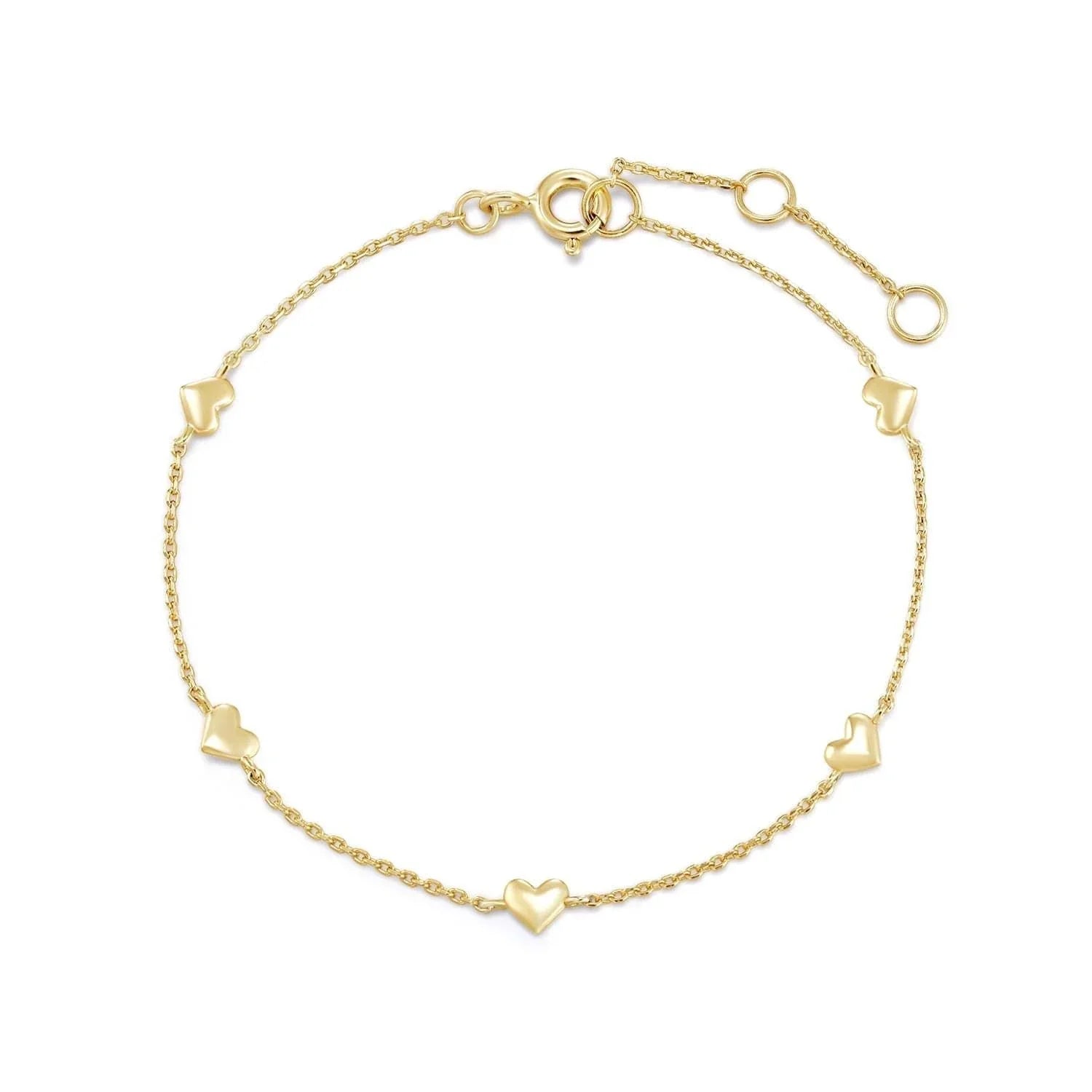 Gold heart charm bracelet displayed on the Multi Micro Heart Bracelet product shot