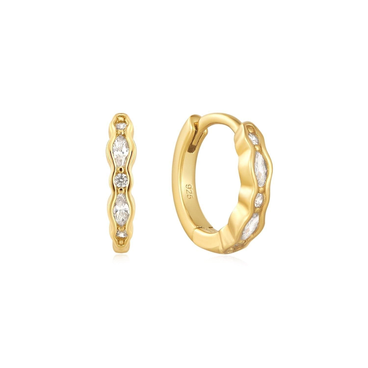 Gold hoop earrings with inlaid crystals in 14k gold vermeil, stylish and elegant design