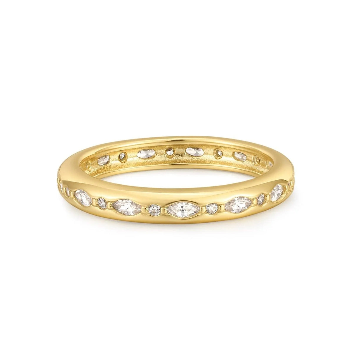 Gold ring with embedded diamonds, stylish Multi Shaped CZ Channel Ring for sparkling looks