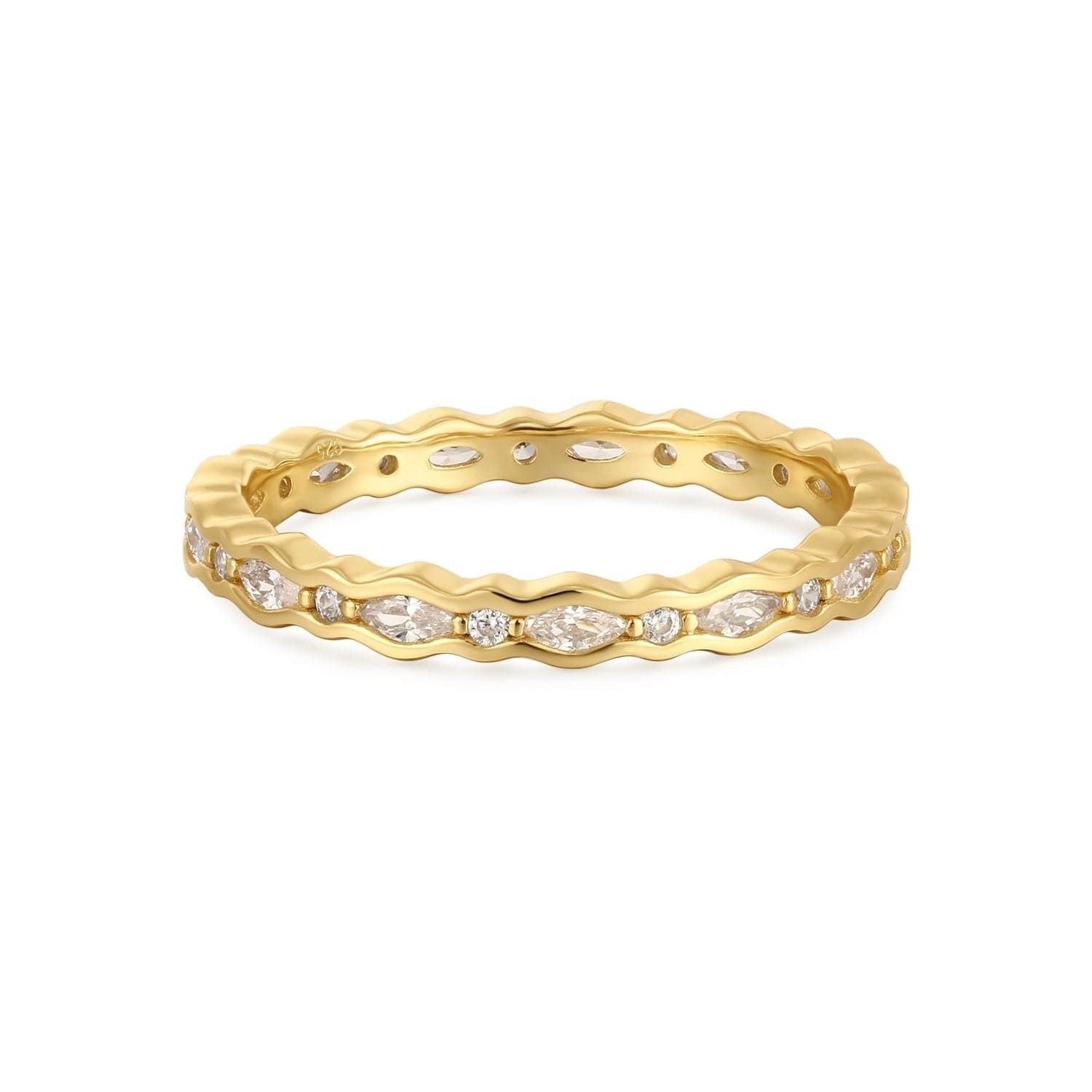 Gold eternity ring with marquise and round diamonds in 14k gold vermeil design