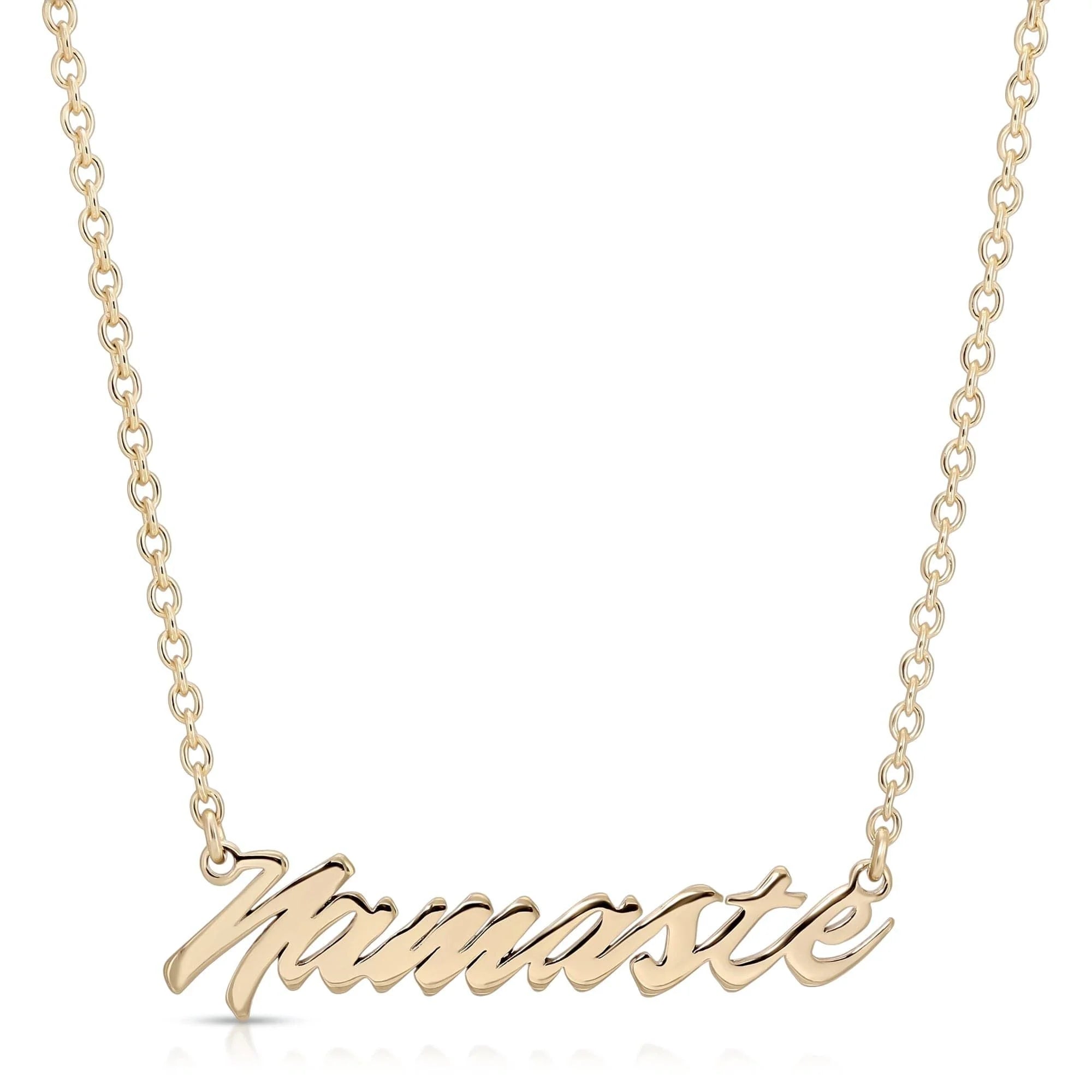 Gold Namaste Script Necklace with Recycled Brass Plating and Protective Rhodium Coating