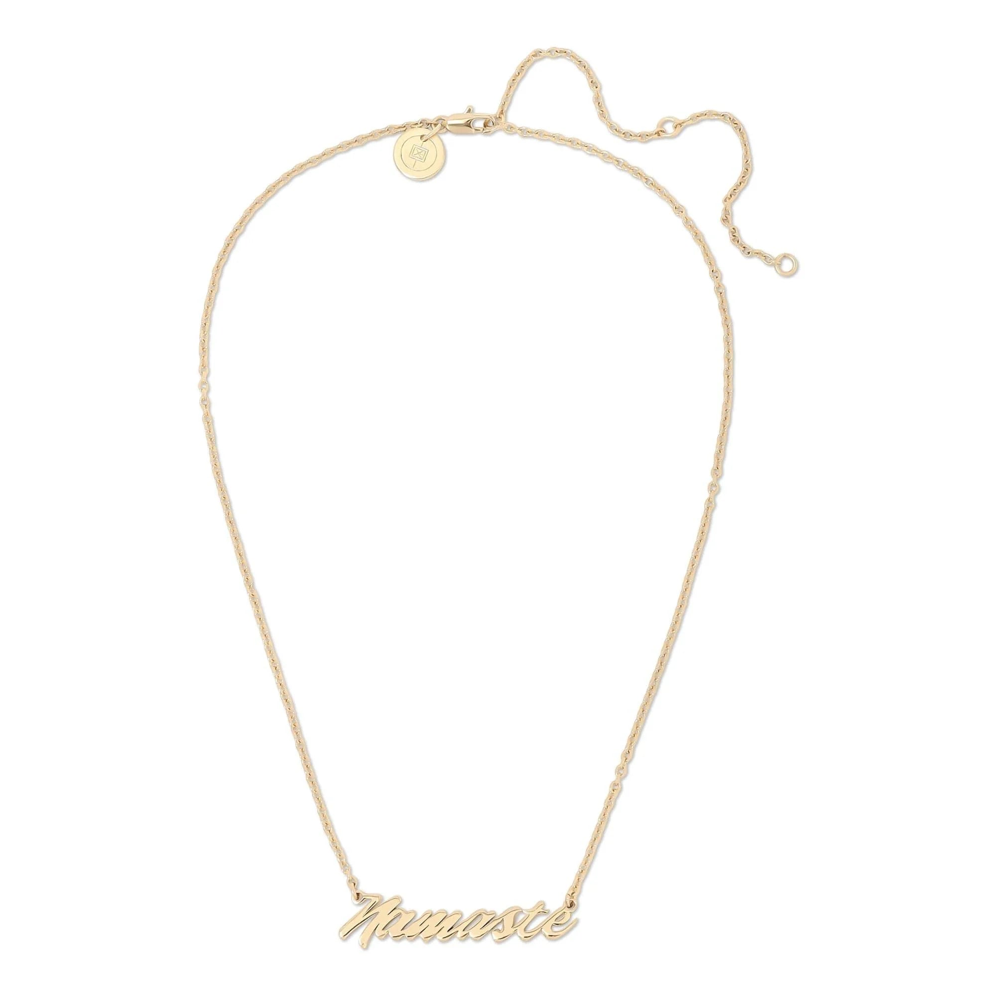 Gold Namaste Necklace with Recycled Brass Plating and Protective Rhodium Coating