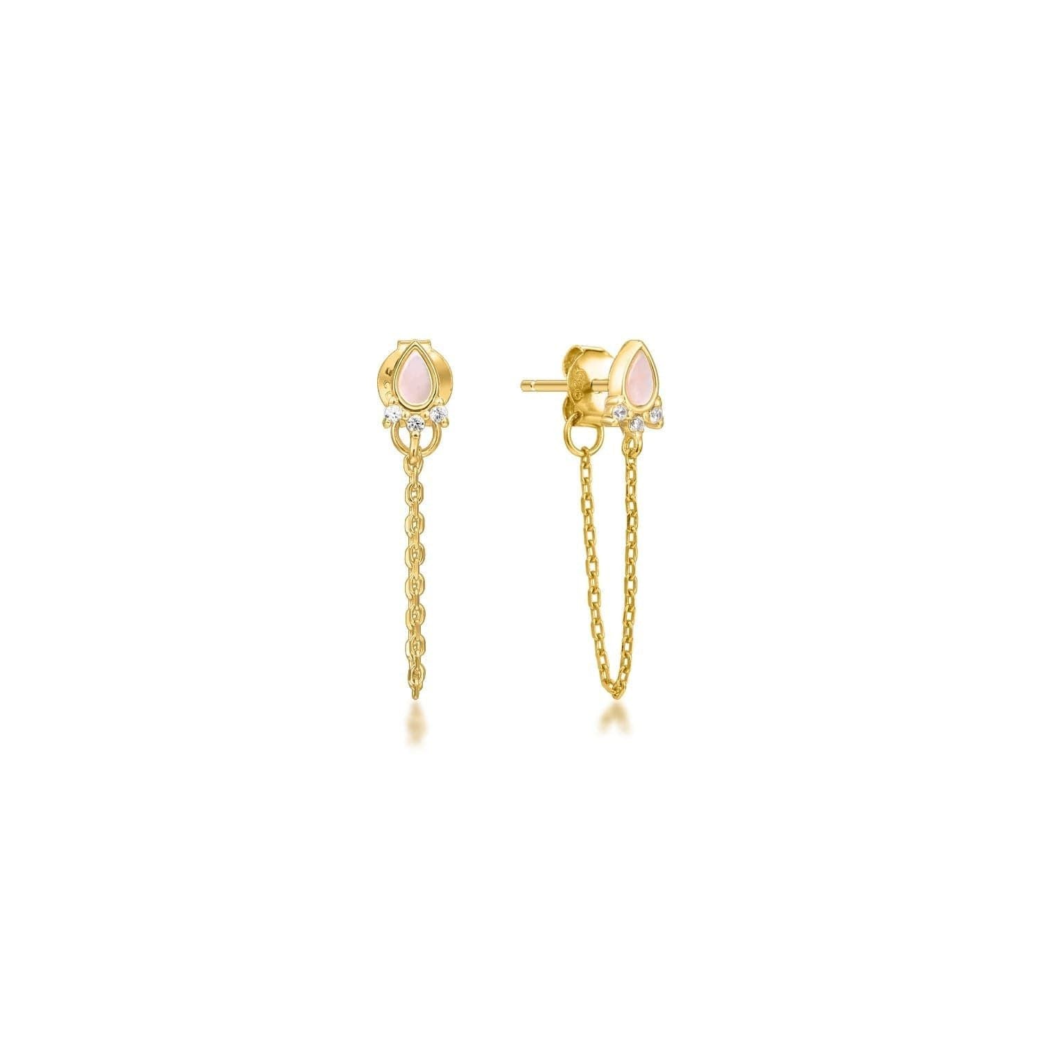 14k Gold Vermeil earrings with pink teardrop stones and chain dangles, Opal Chain Link Drop