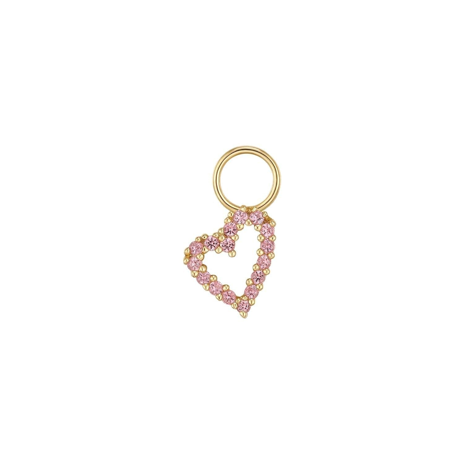 Gold heart charm with pink gemstones on 14k gold vermeil hoop earring charms