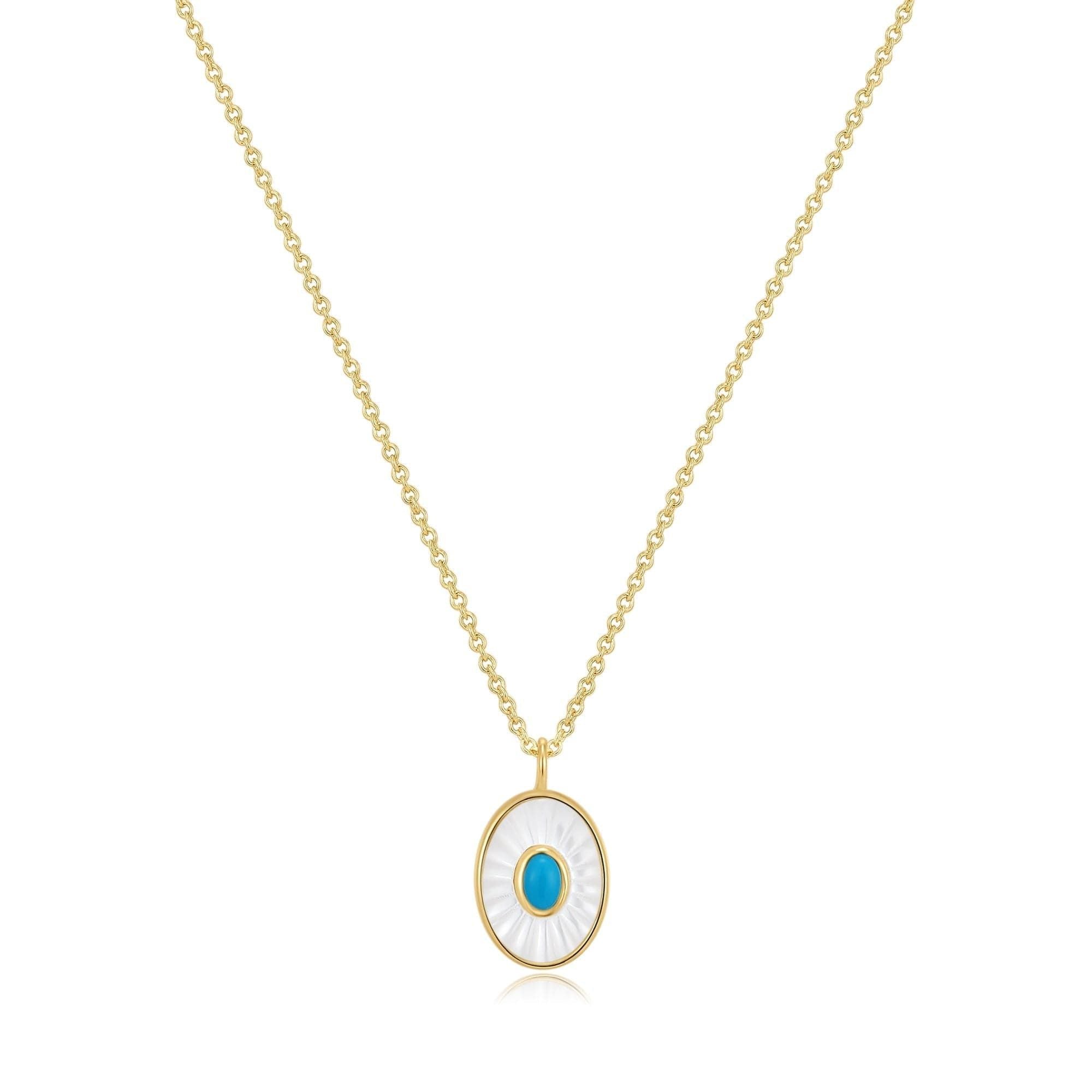 Gold chain necklace featuring Oval Shaped Mop Pendant with Turquoise Stone in 14k gold