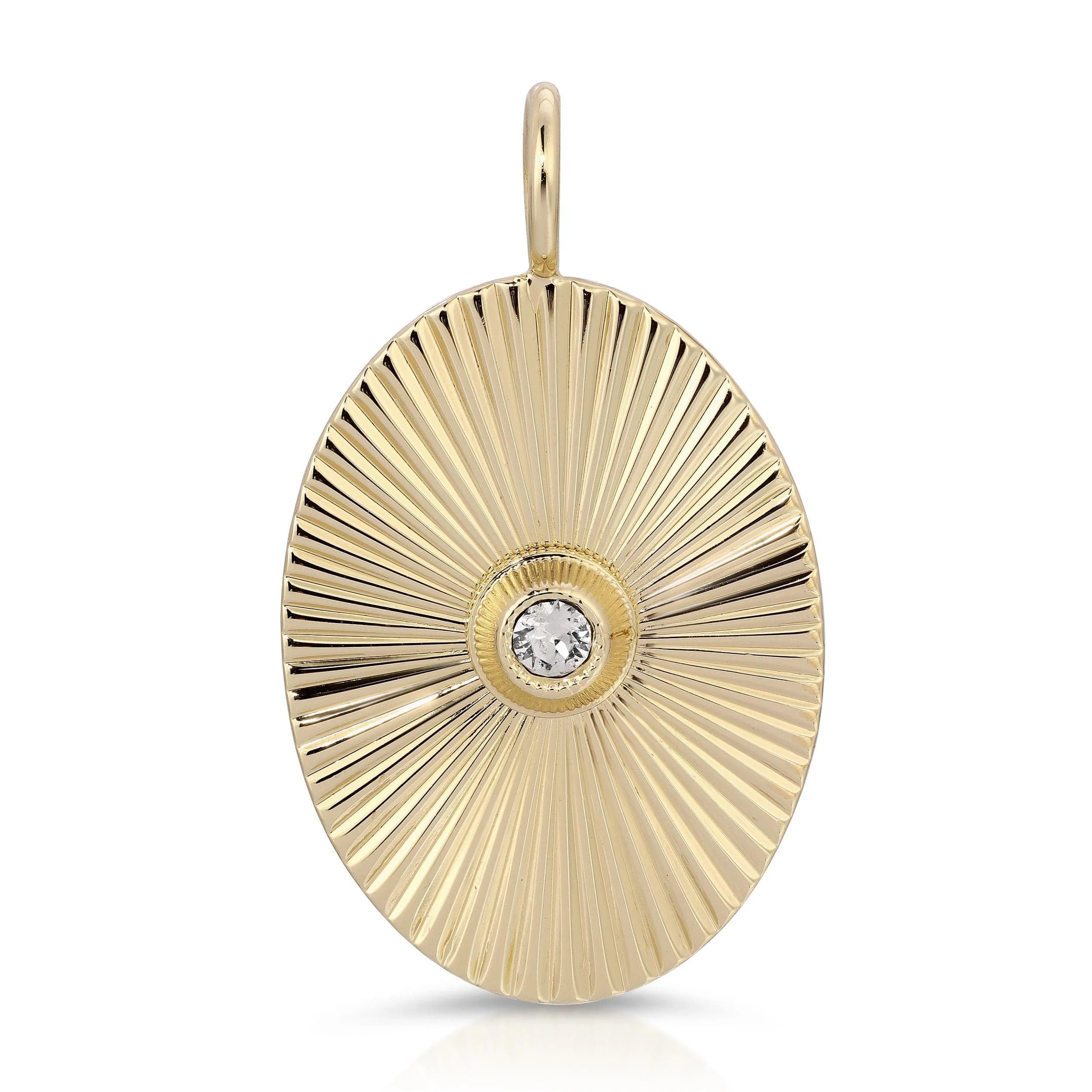 Gold oval pendant with central diamond and rhodium plating in the Ozzy Pendant featuring Swarovski crystal and oval starburst design
