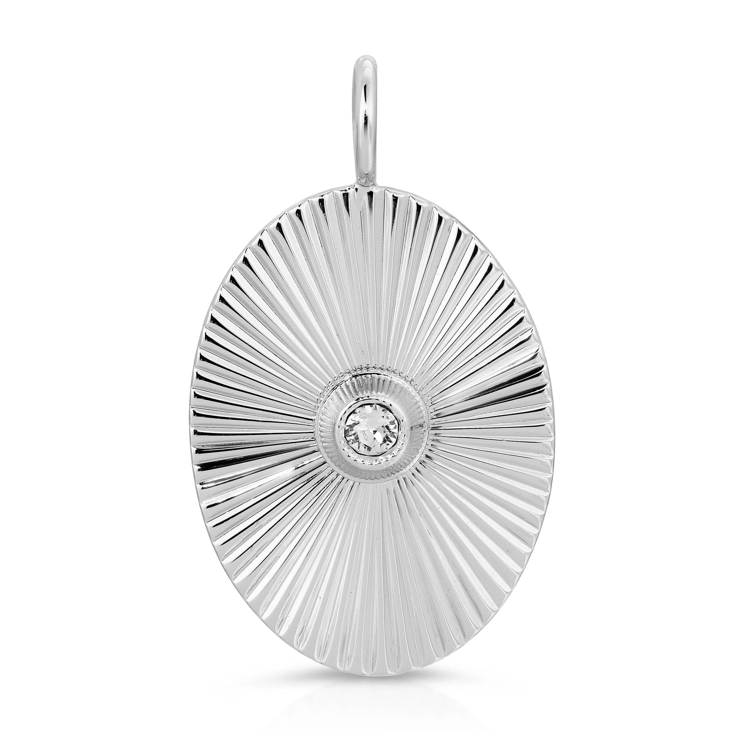 Silver Ozzy Pendant with oval starburst design, rhodium plating, and Swarovski crystal