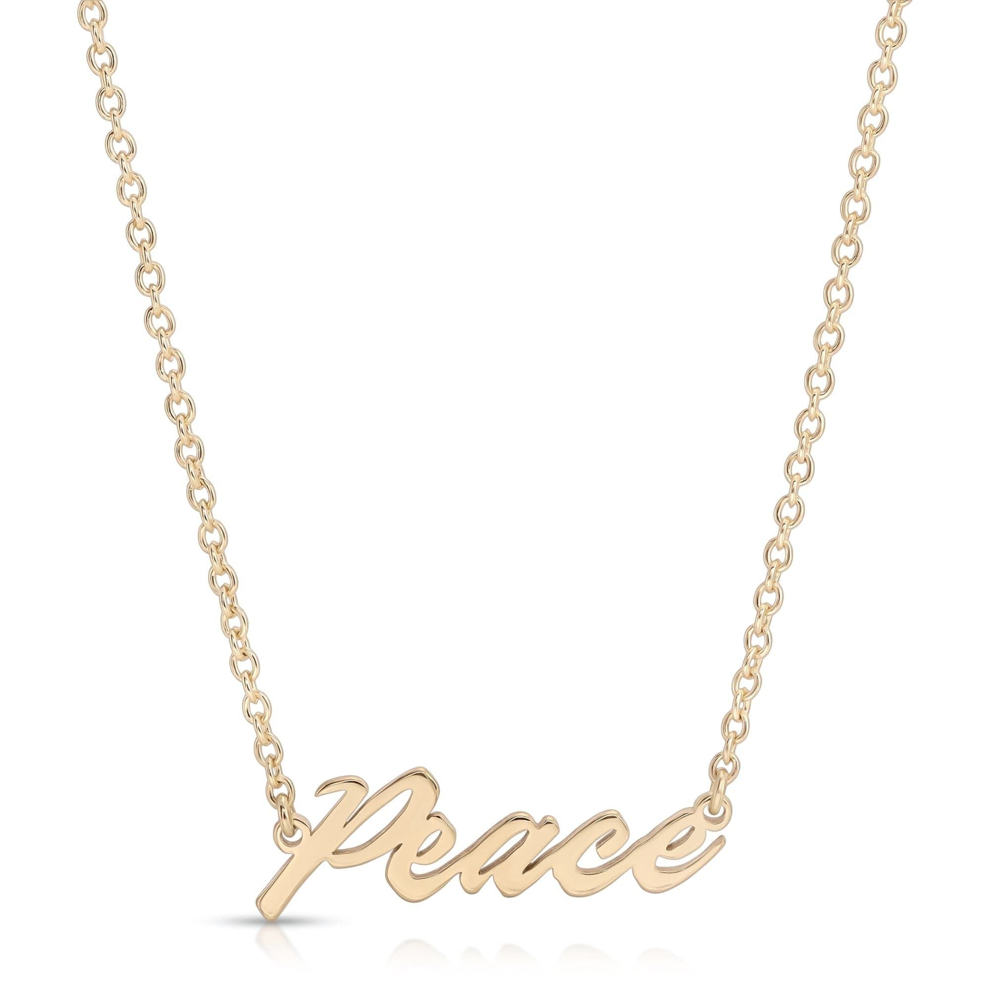 Gold Peace Script Necklace with recycled brass plating and protective coating for durability