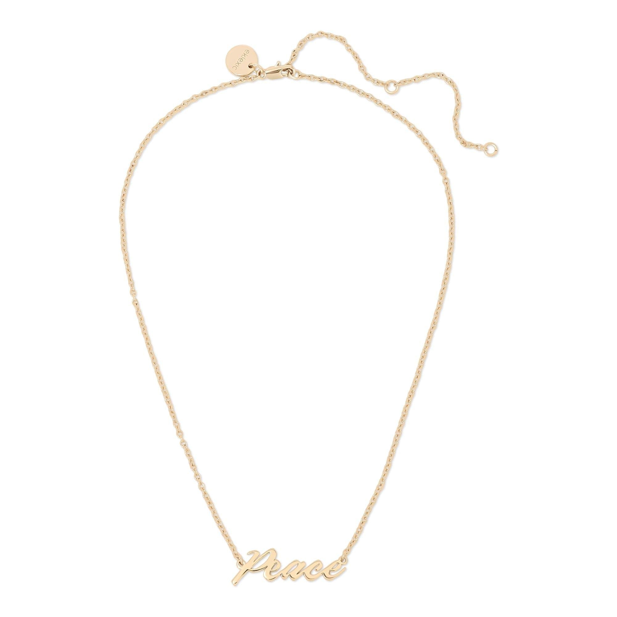 Gold-toned Peace Script Necklace with recycled brass plating and protective coating