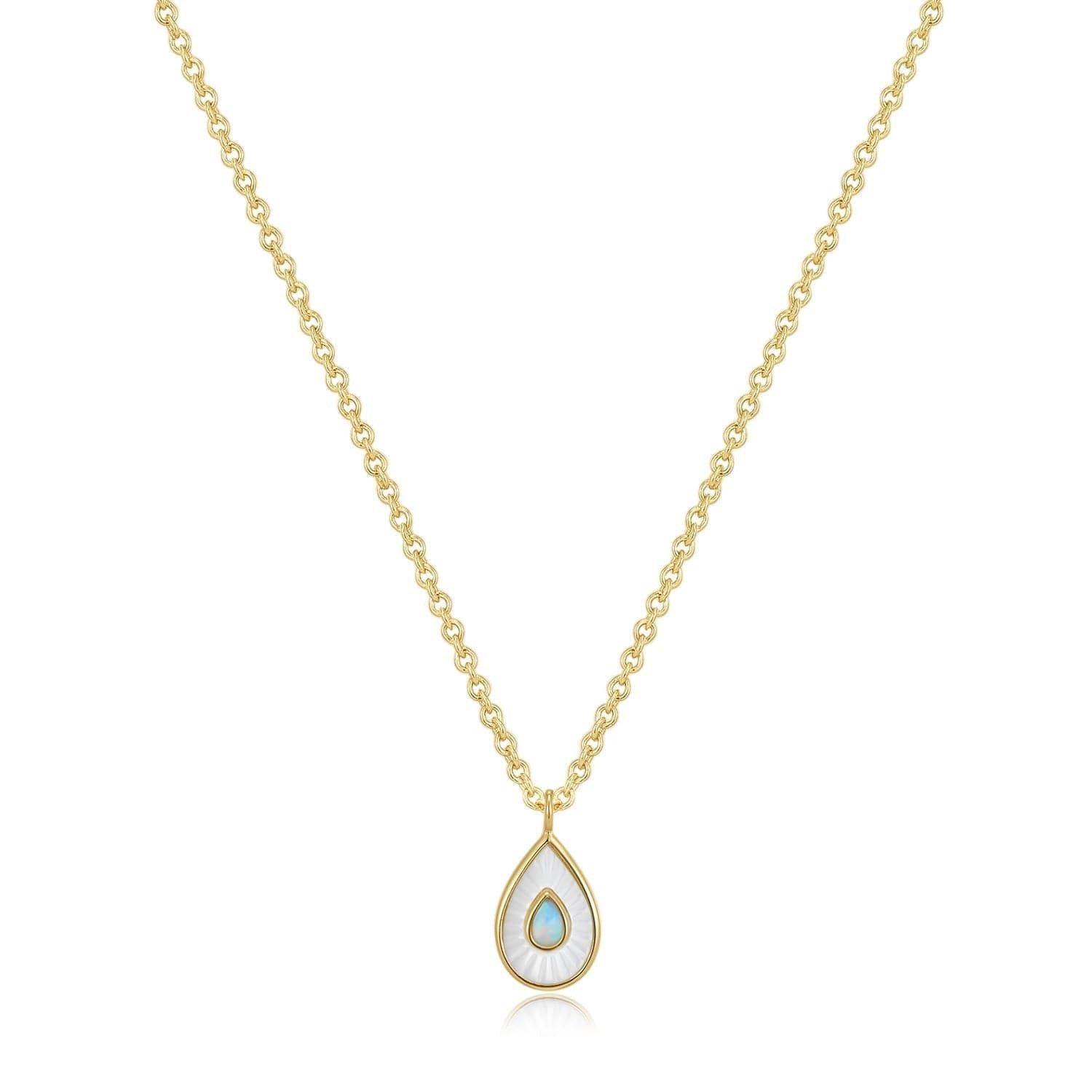 Gold chain necklace with teardrop pendant featuring a Pear Shaped Mop and Opal design